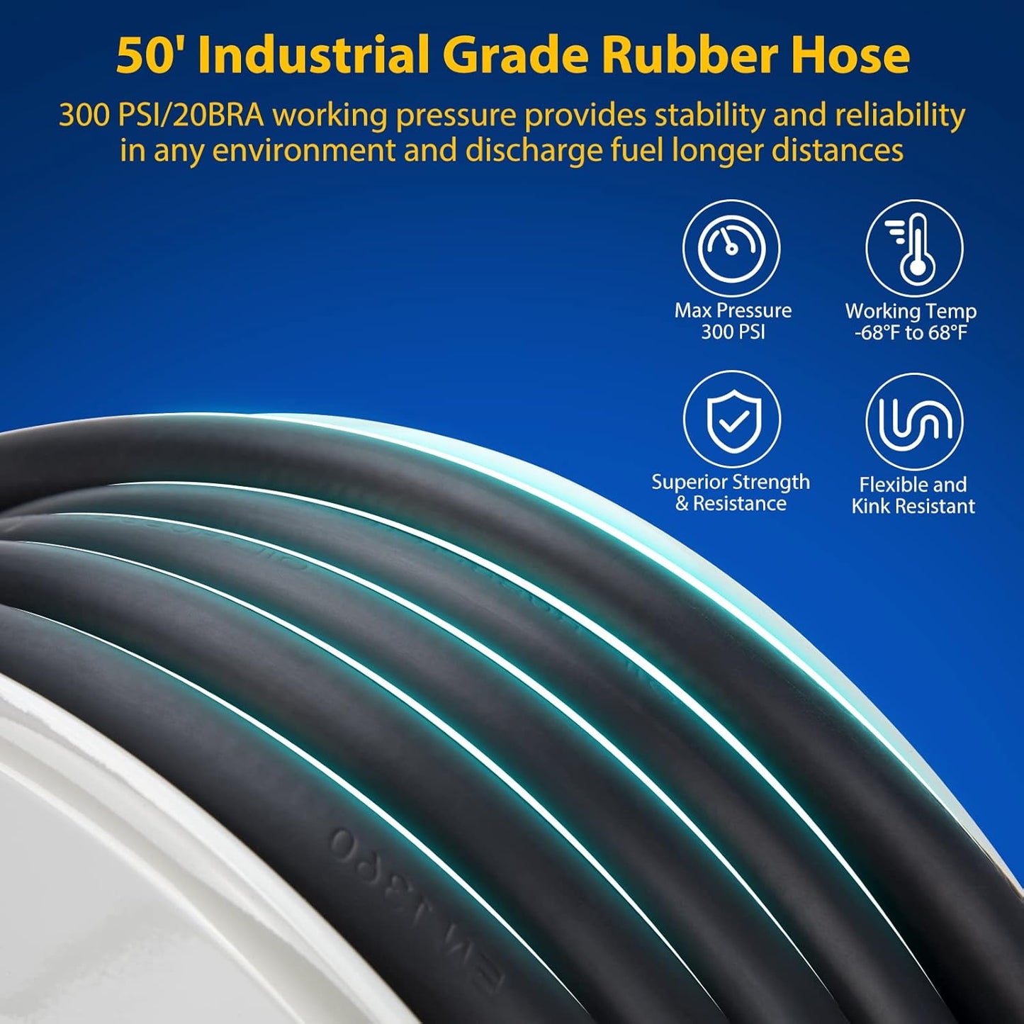 Diesel Fuel Hose Reel Retractable 3/4" x 50' Spring Driven Auto Swivel Rewind Industrial Heavy Duty Commercial Hose Holder Reel with Fueling Nozzle for Aircraft Ship Vehicle Tank Truck, 300 PSI
