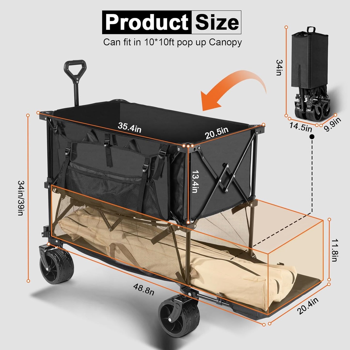 Fenbeli Double Decker Folding Wagon Heavy Duty Collapsible Utility Cart with 450LBS Load 400L Capacity All Terrain 7" Wheels Portable Foldable Wagon for Camping Sports Garden Shopping (Black)