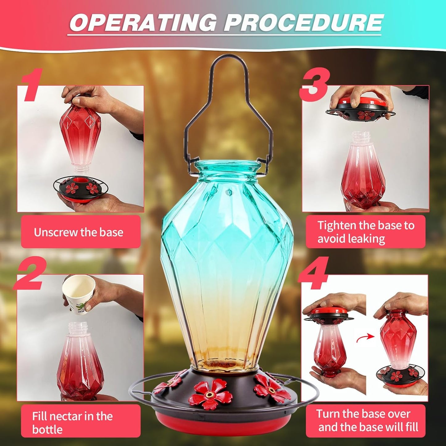 Glass Hummingbird Feeder for Outdoors Hanging, 25Oz Humming Bird Nectar Feeder, Perch, 5 Flower Feeding Ports, Leak Proof Base, Hook for Outside Garden Backyard, Gift for Women, Diamond Green