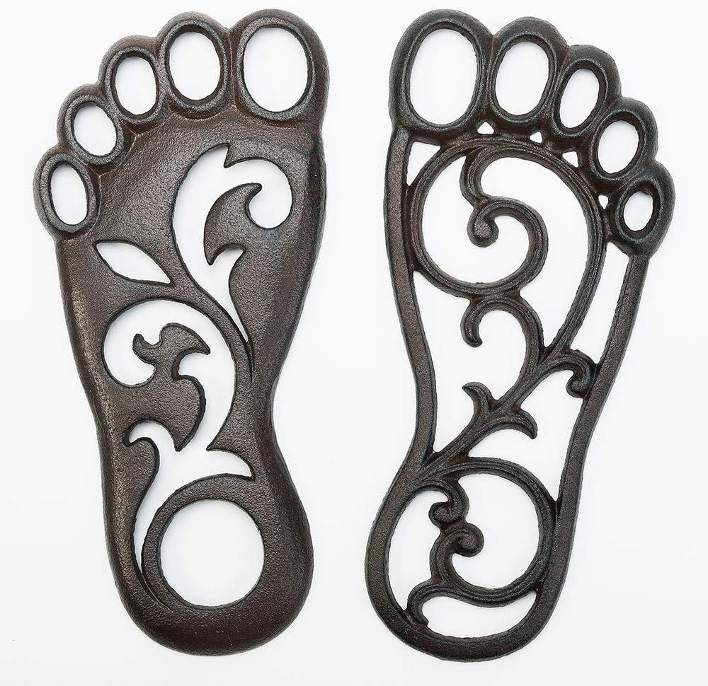 Sungmor Heavy Duty Cast Iron Stepping Mats for Front Door, 2PC 11.8 Inch Long Sturdy Metal Left & Right Footprint Stepping Stone, Retro Elegant Decorative Mat for Garden Lawn Panel Walkway Landscaping