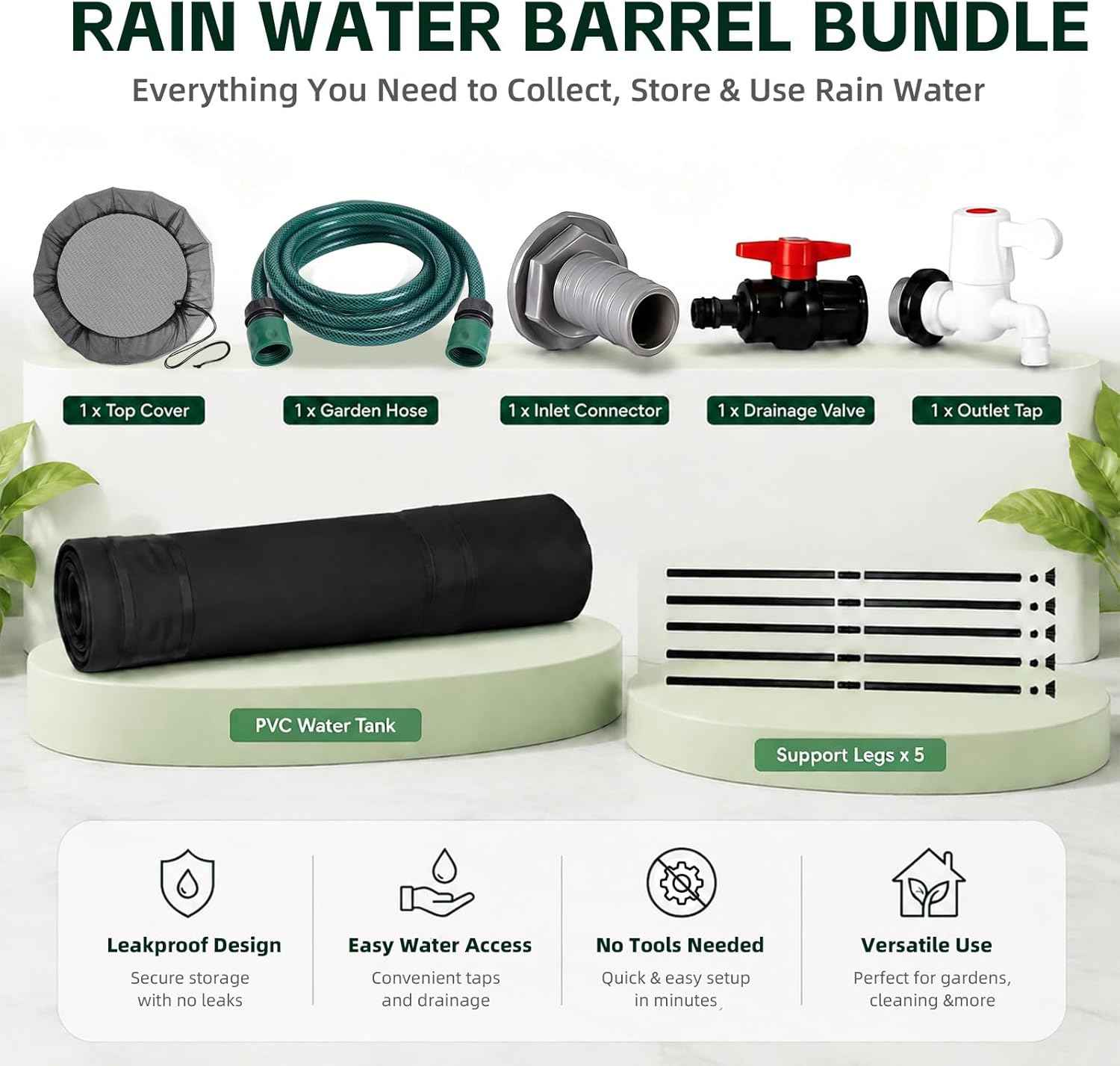 100 Gallon Rain Water Barrel, Portable Rainwater Collect System Water Storage Tank Collapsible Rain Barrel with Filter, Spigot & Overflow Kit (Reinforced Liner+Thickened Legs) - Black