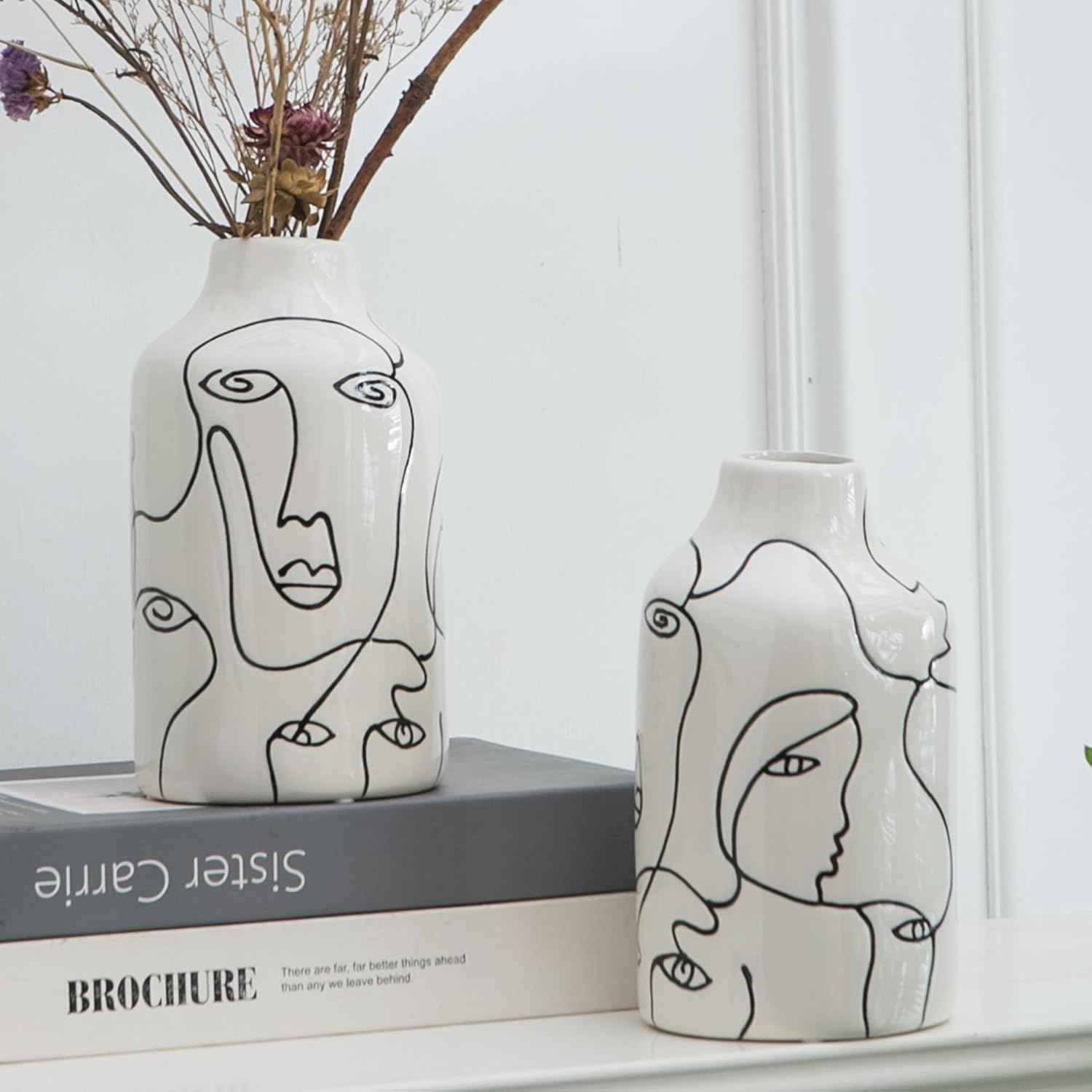 Kimdio Ceramic Vase Set, 2pcs White Abstract Irregular Design Flower Vases, Modern Home Decor Living Room Decor Minimalist Decorative Vase for Pampas Grass