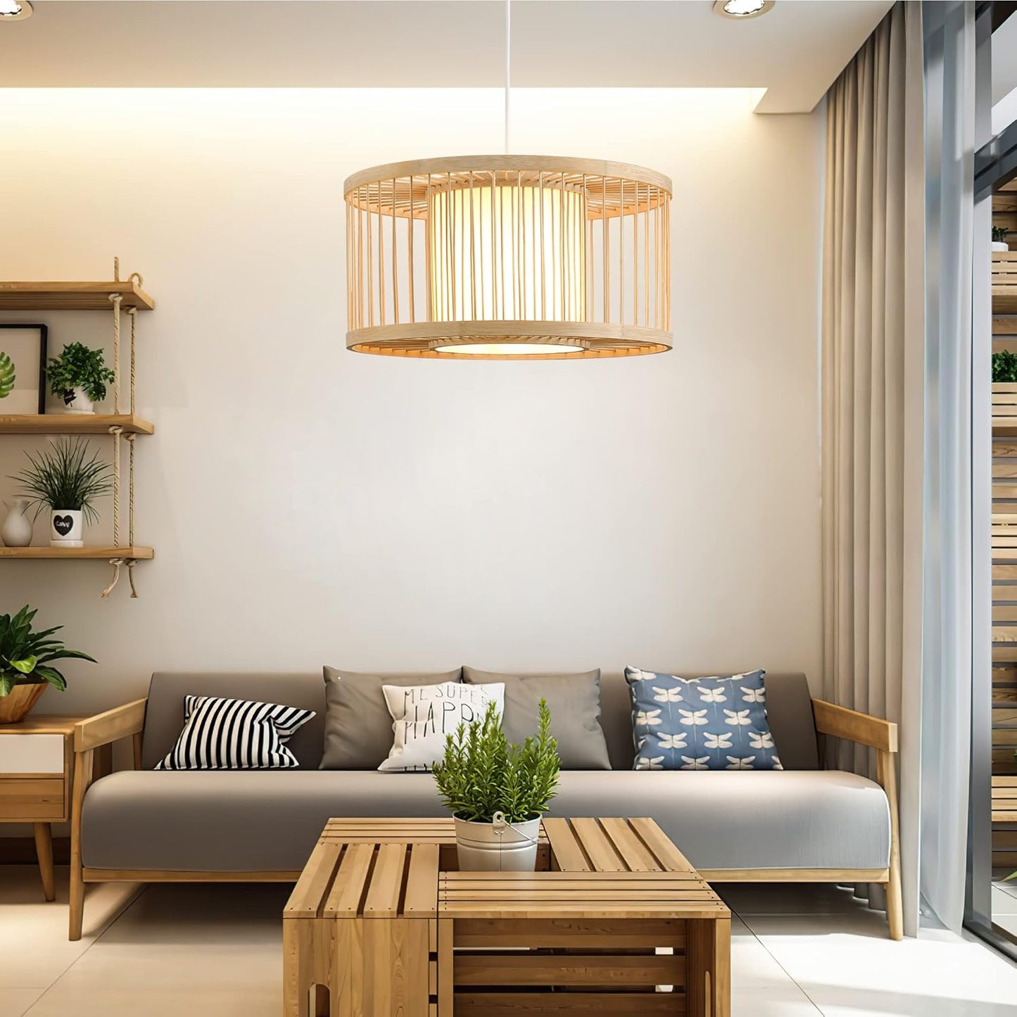 Rattan Pendant Lights, 15.8" Boho Wicker Pendant Light Handwoven Rattan Chandelier Beach Country Natural Hanging Light for Dining Room Kitchen Living Room Bedroom