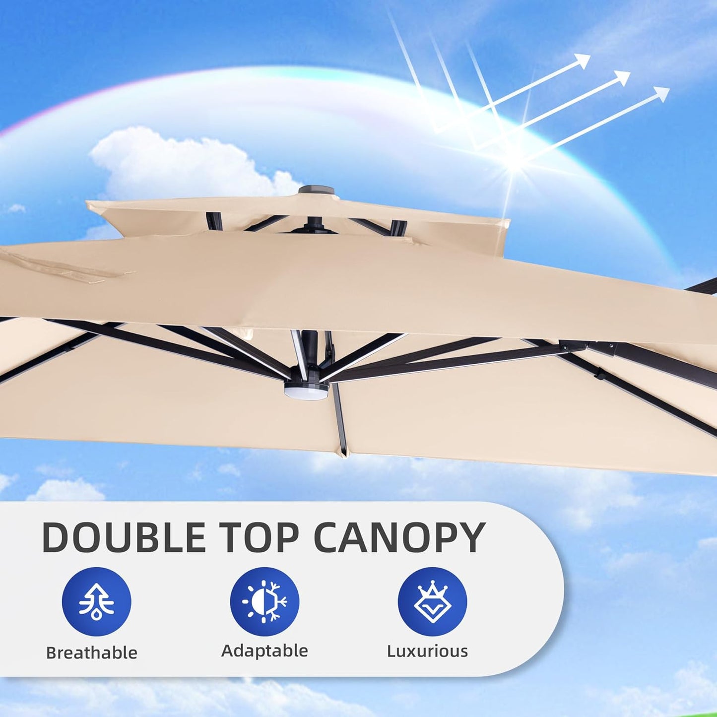 9 X 12 FT Cantilever Outdoor Patio Umbrella with Led Lights Heavy Duty Windproof Double Top Large Rectangle Offset Umbrellas with 360-degree Rotation for Garden Pool Deck Backyard, Beige