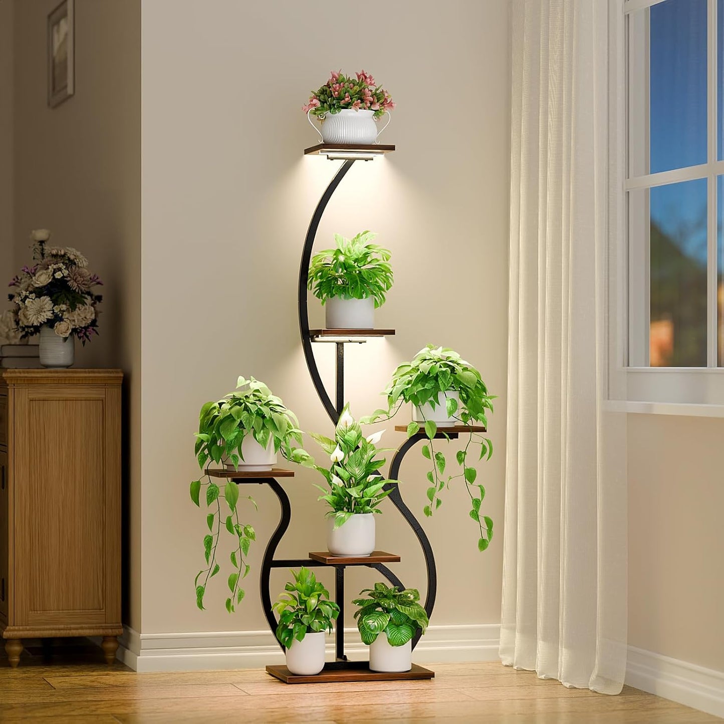 Plant Stand Indoor with Grow Light: 55" Tall Corner Shelf for Multiple Plants, Lighted Plant Stands for Indoor Growing, 6 Tiered S-Shaped Flower Display Stand for Living Room, Patio, Balcony (Black)