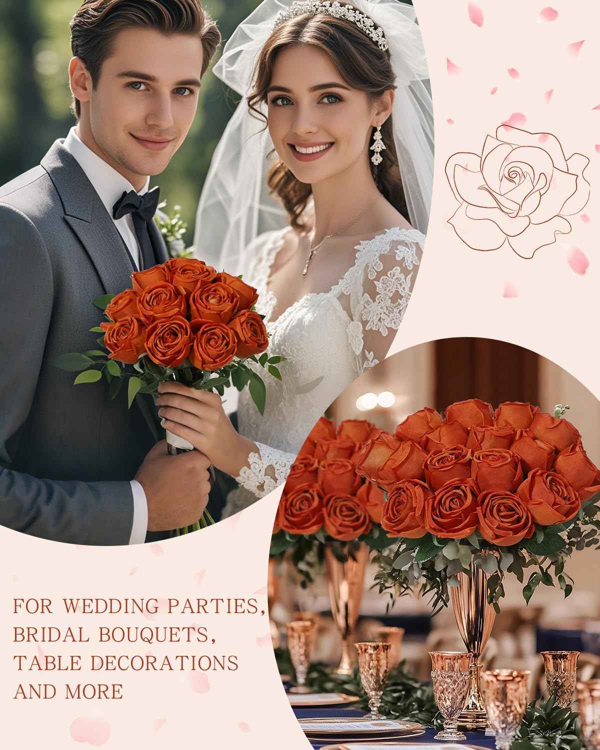 Coferset 10 Pcs Fake Roses, Artificial Silk Rose Flowers with Long Stems,Realistic Faux Roses for Vase Home Wedding Table Centerpieces Baby Shower Decor (Burnt Orange)