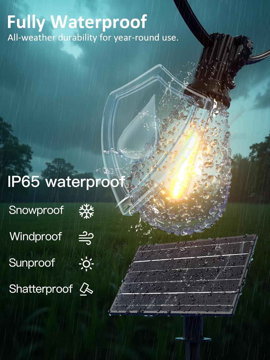 50FT Solar String Lights Outdoor Waterproof 18+1 LED Bulbs 20+Hrs Commercial Grade Shatterproof USB Solar Lights for Camping Backyard Garden Porch Decor (100Ft)