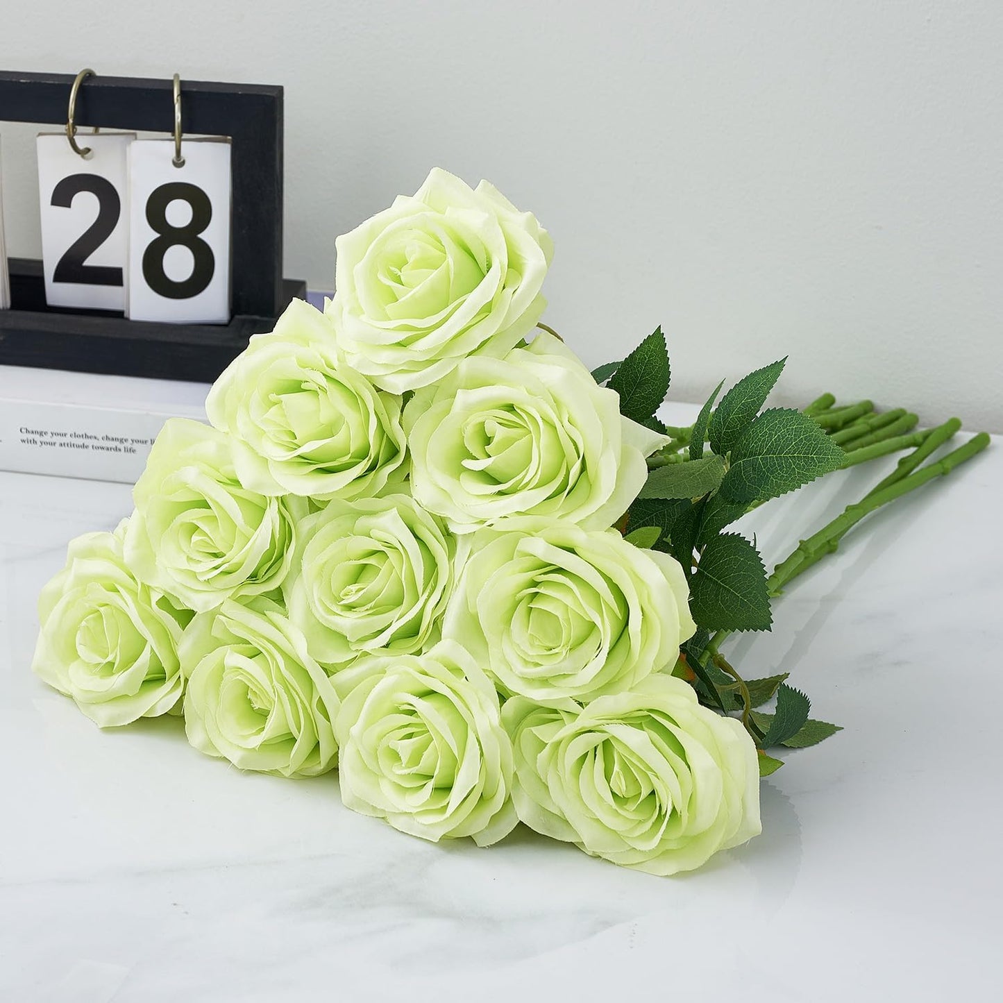 Artificial Rose 10pcs Open Flower Bouquet Faux Rose Stems for Wedding Arrangement, Bridal Bouquet, Centerpiece, Fake Faux Silk Flowers (Pale Green)