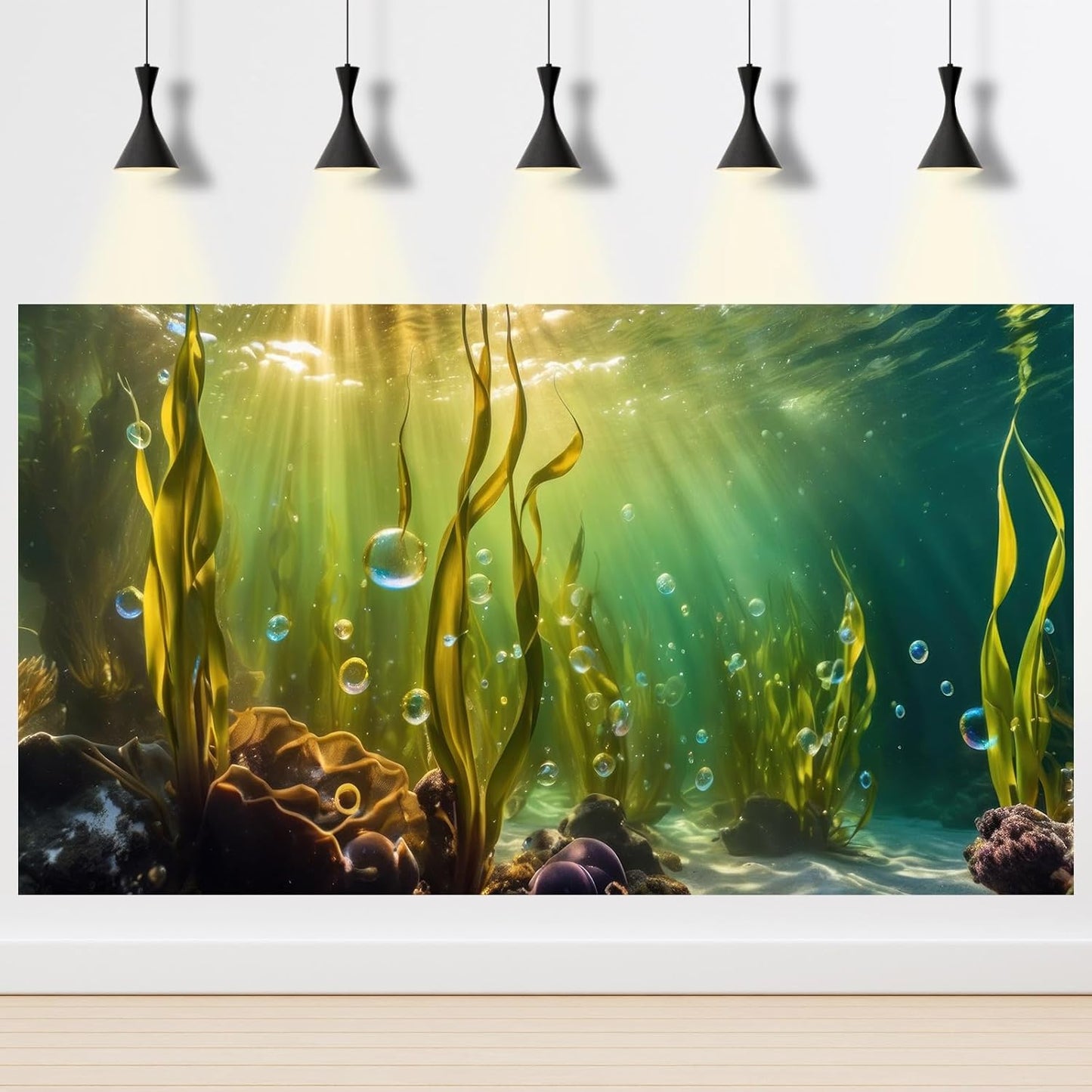 Aquarium Background Underwater Beautiful Coral Reef with Seaweed Bubbles Terrarium Backdrop Aquatic Plants Sunlight Rays Fish Tank Background Tank Aquarium Wallpaper Poster Decor Vinyl 60x24in