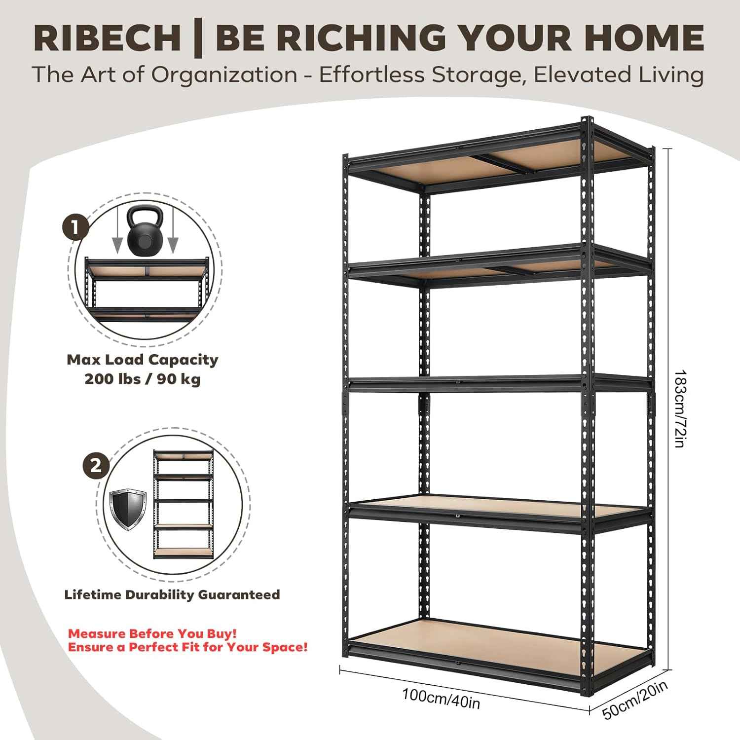 2000LBS Storage Shelves 5 Tier Garage Shelving Heavy Duty, Adjustable Metal Shelving Unit, Garage Shelves for Basement, Warehouse, Pantry, 72" H x 40" W x 20" D, Black