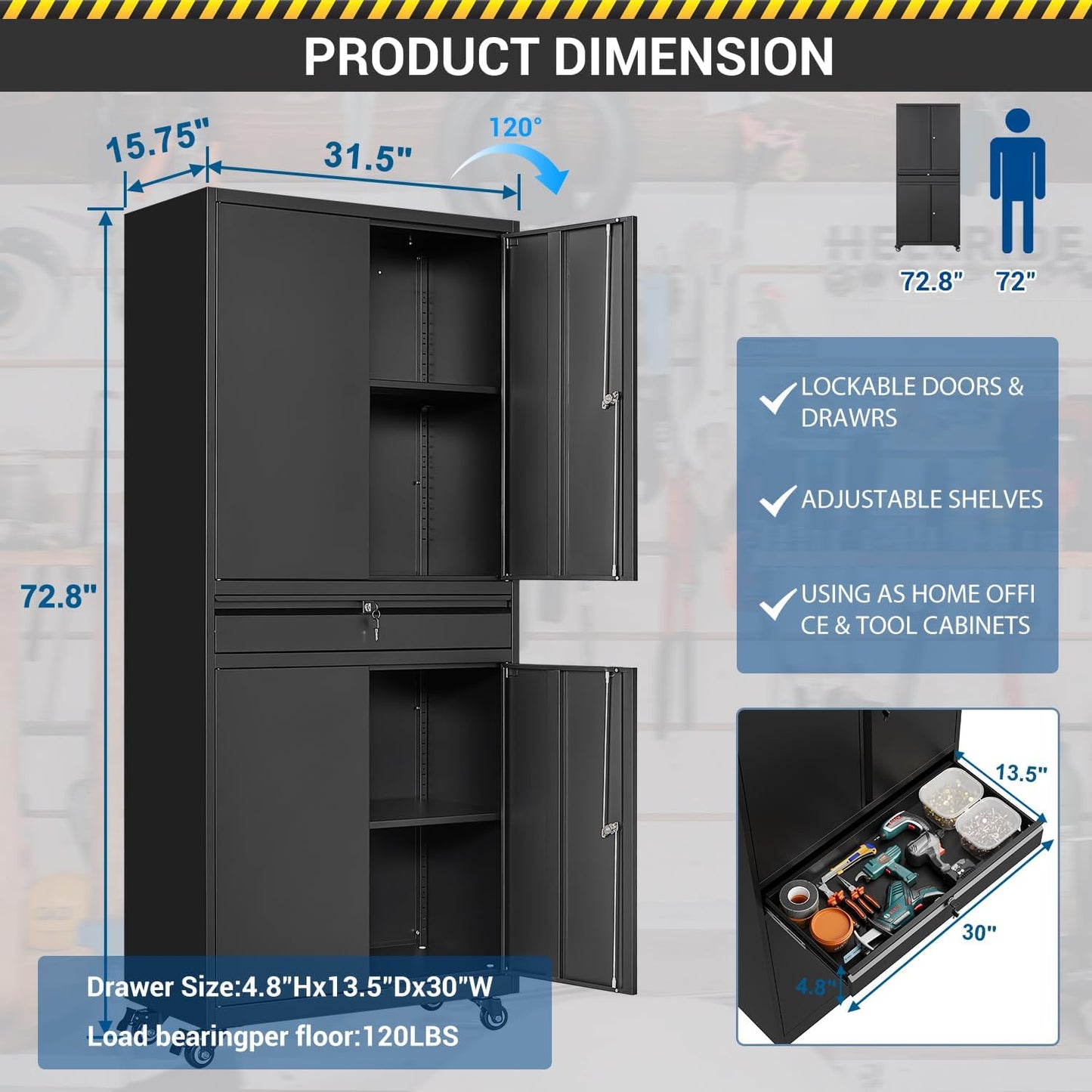 Fesbos 73" Metal Cabinet-Black Heavy Duty Rolling Storage Cabinet Steel Tool Cabinets with Wheels, Shelves, Lockable Doors and Drawers- for Garage, Pantry, Warehouse Home Office- Assembly Required