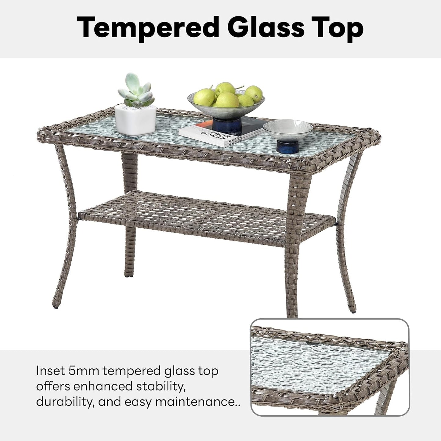 38 Inch Outdoor Coffee Table with 2 Tier Storage - Wicker Coffee Table with Water Ripple Texture Tempered Glass Top, All Weather Patio Coffee Table for Deck Porch Balcony Garden Gray
