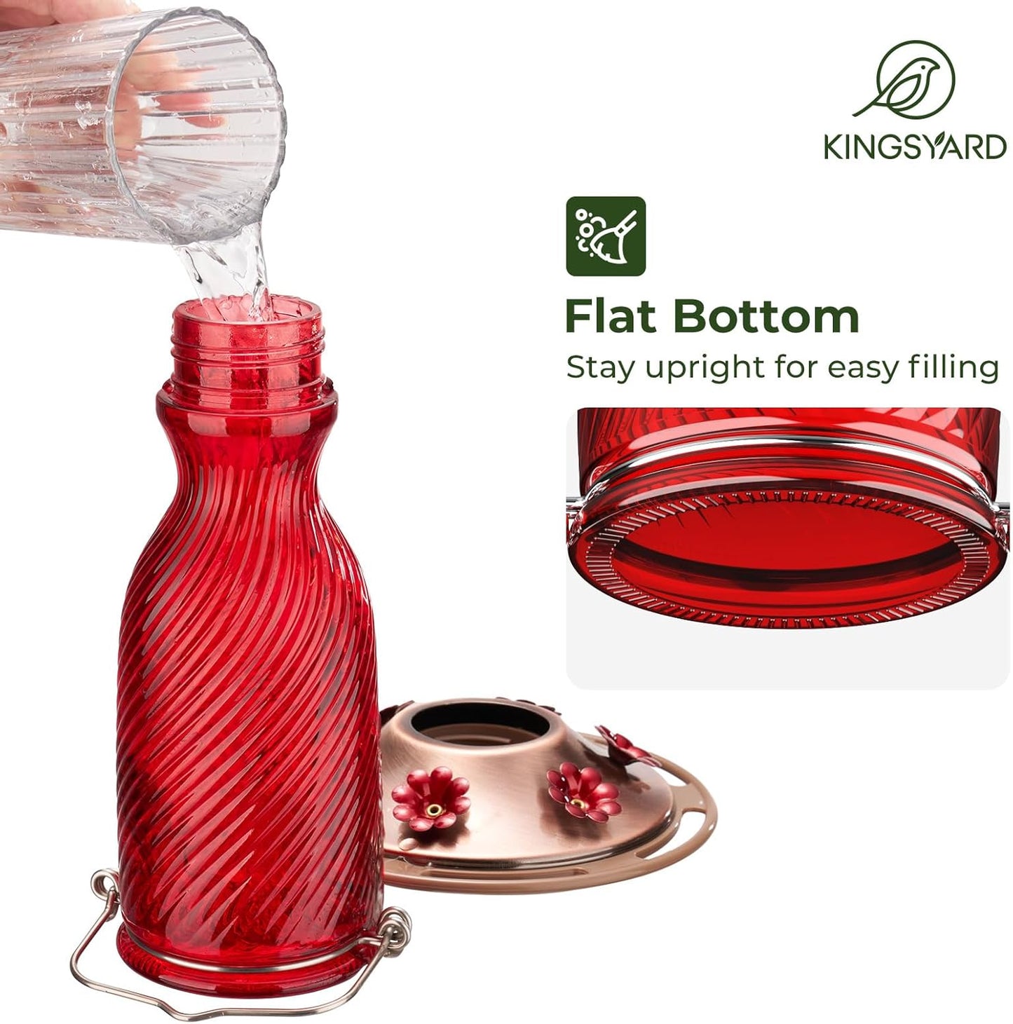 Kingsyard Glass Hummingbird Feeders for Outdoors, 24 oz Hummingbird Nectar Feeder for Garden Decorations with 6 Feeding Ports, Ant Moat Included, Gifts for Women Mom, Easy to Clean & Refill, Red