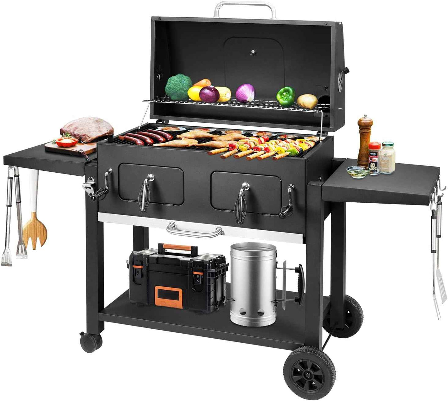 Kenadne Charcoal Grill Outdoor BBQ Grill, Extra Large Cooking Area 794 Square Inches with Two Adjustable & Individual Charcoal Tray, Foldable Side Tables for Outdoor Cooking grill Backyard