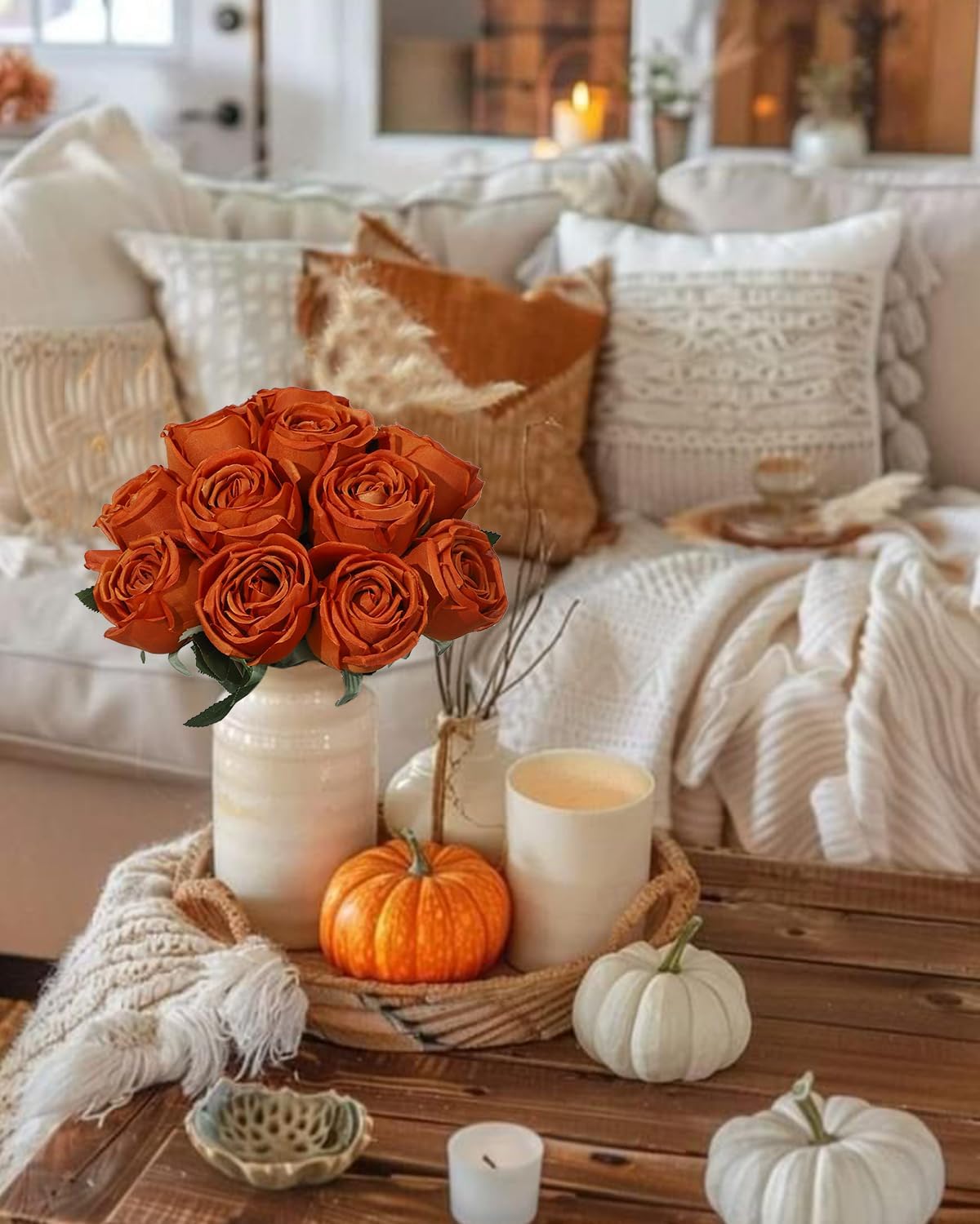 Coferset 10 Pcs Fake Roses, Artificial Silk Rose Flowers with Long Stems,Realistic Faux Roses for Vase Home Wedding Table Centerpieces Baby Shower Decor (Burnt Orange)