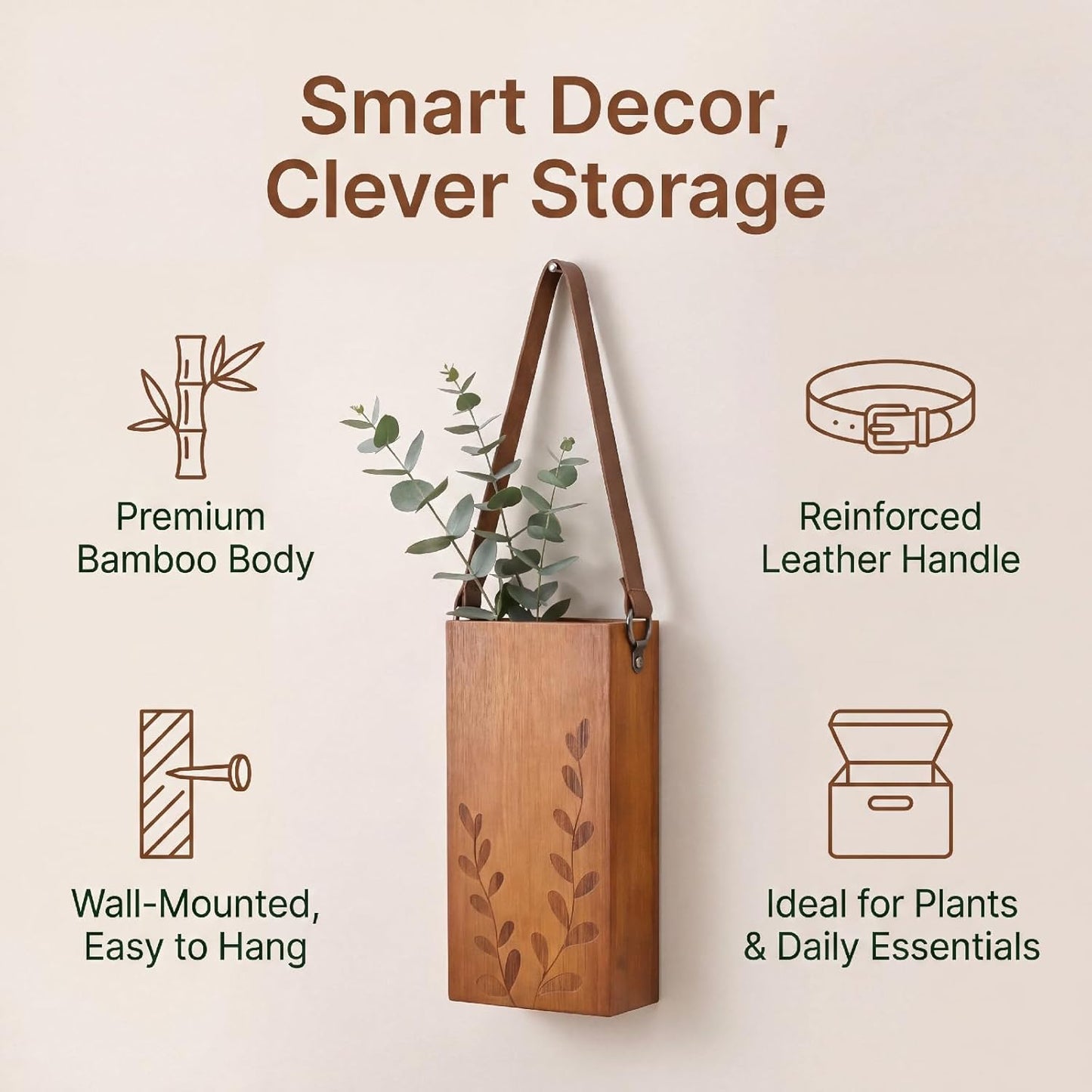 Set of 2 Bamboo Wall Planters Indoor Plants Brown Wood Wall Vase with Durable Leather Handle Boho Wall Decor Living Room Hanging Propagation Stations for Dried Flowers Paintbrushes
