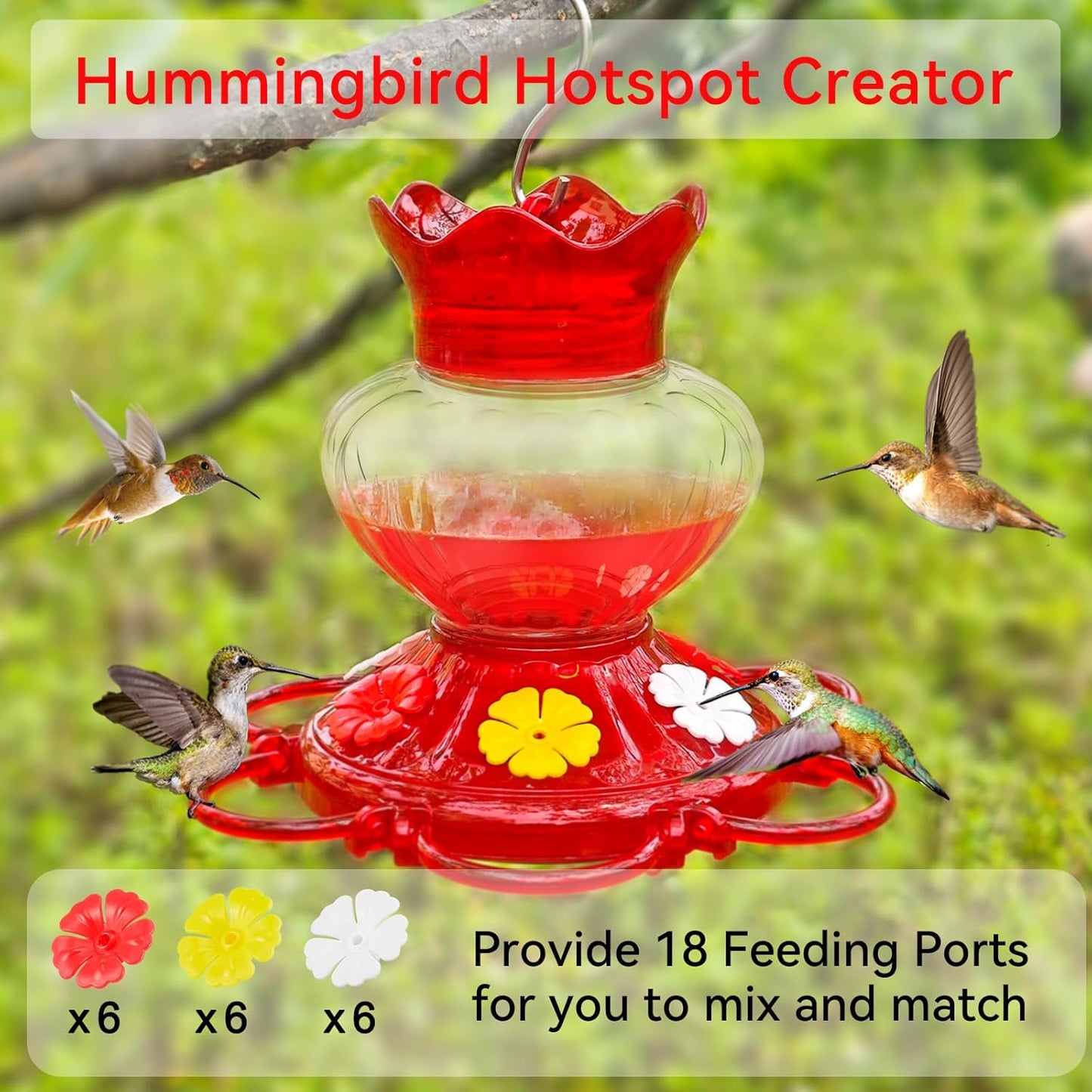 Plastic Hummingbird Feeders for Outdoors Hanging, 2 Pack 13 Ounces Ant and Bee Proof Small Hummingbird Feeders with 6 Feeding Ports and Perches for Outside Garden Décor