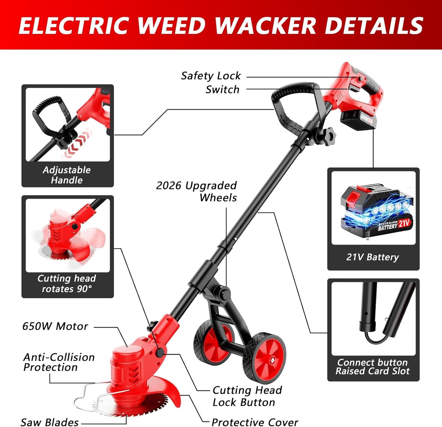 Electric Weed Wacker Cordless, 4000mAh Weed Eater Battery Powered with Wheel, 4 in 1 Grass Trimmer/Heavy Duty Brush Cutter/Lawn Edger/Weed Trimmer, No String Trimmer with Blade, 2 Battery Garden Tool