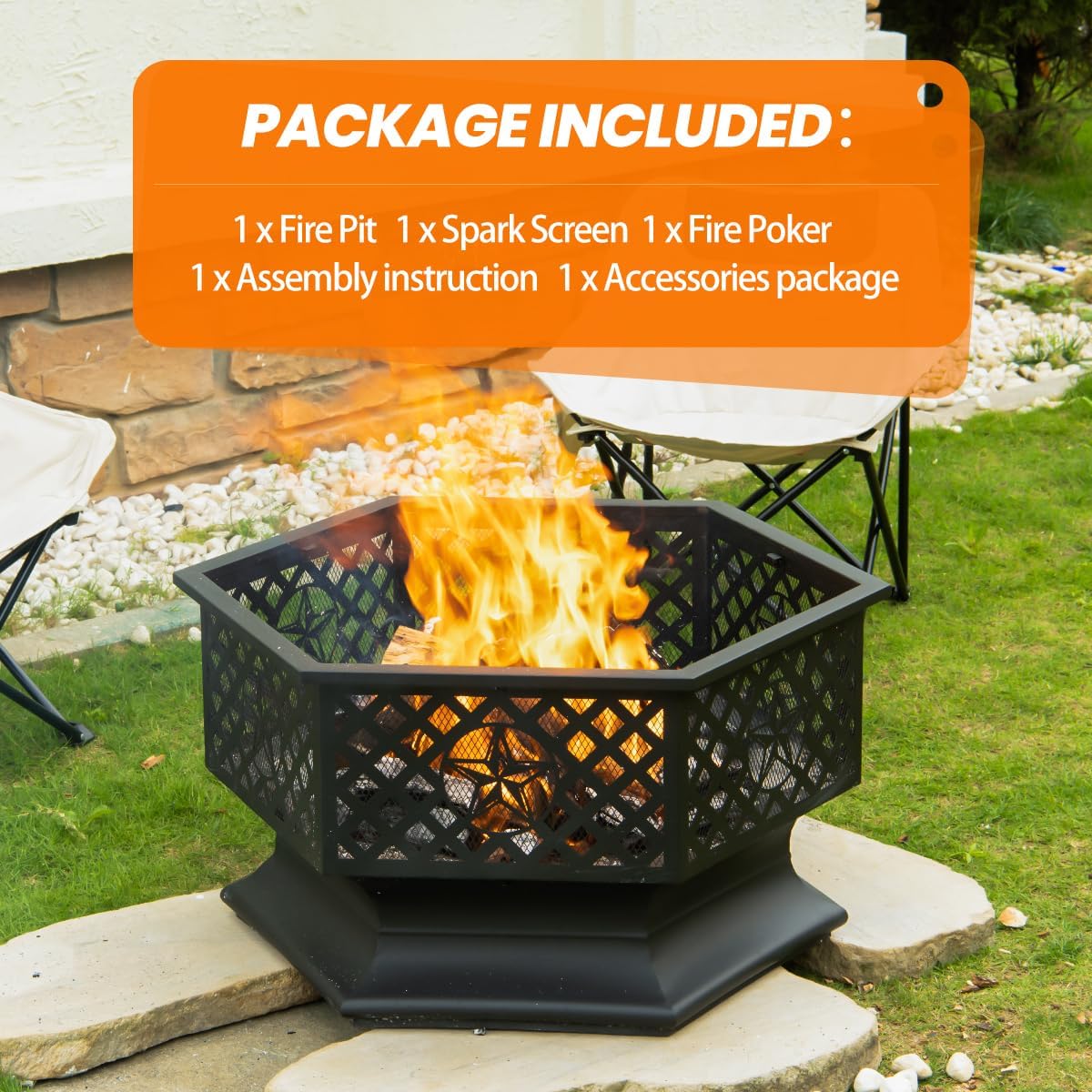 28 Inch Hexagonal Fire Pit,Wood Burning Firepits for Outside with Spark Screen&Poker,Metal Hex-Shaped Outdoor Fire Pit for Outside,Backyard,Bonfire,Patio,Garden,Picnic and Camping（Black）