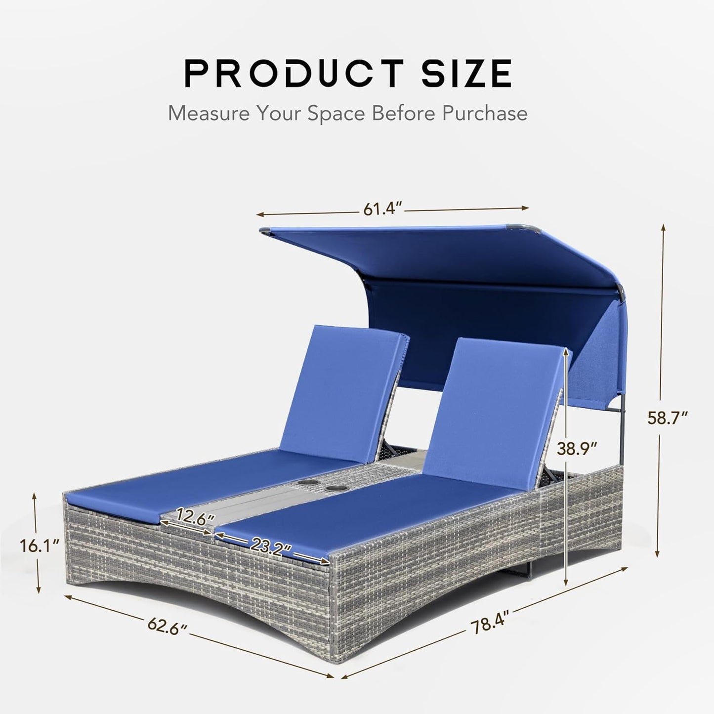 Flamaker Outdoor Double Chaise Lounge with Adjustable Canopy - 600LBS Capacity 2-Person Patio Daybed with Removable Cushions & Side Table, PE Rattan Sun Lounger for Pool, Garden, Backyard (Blue)