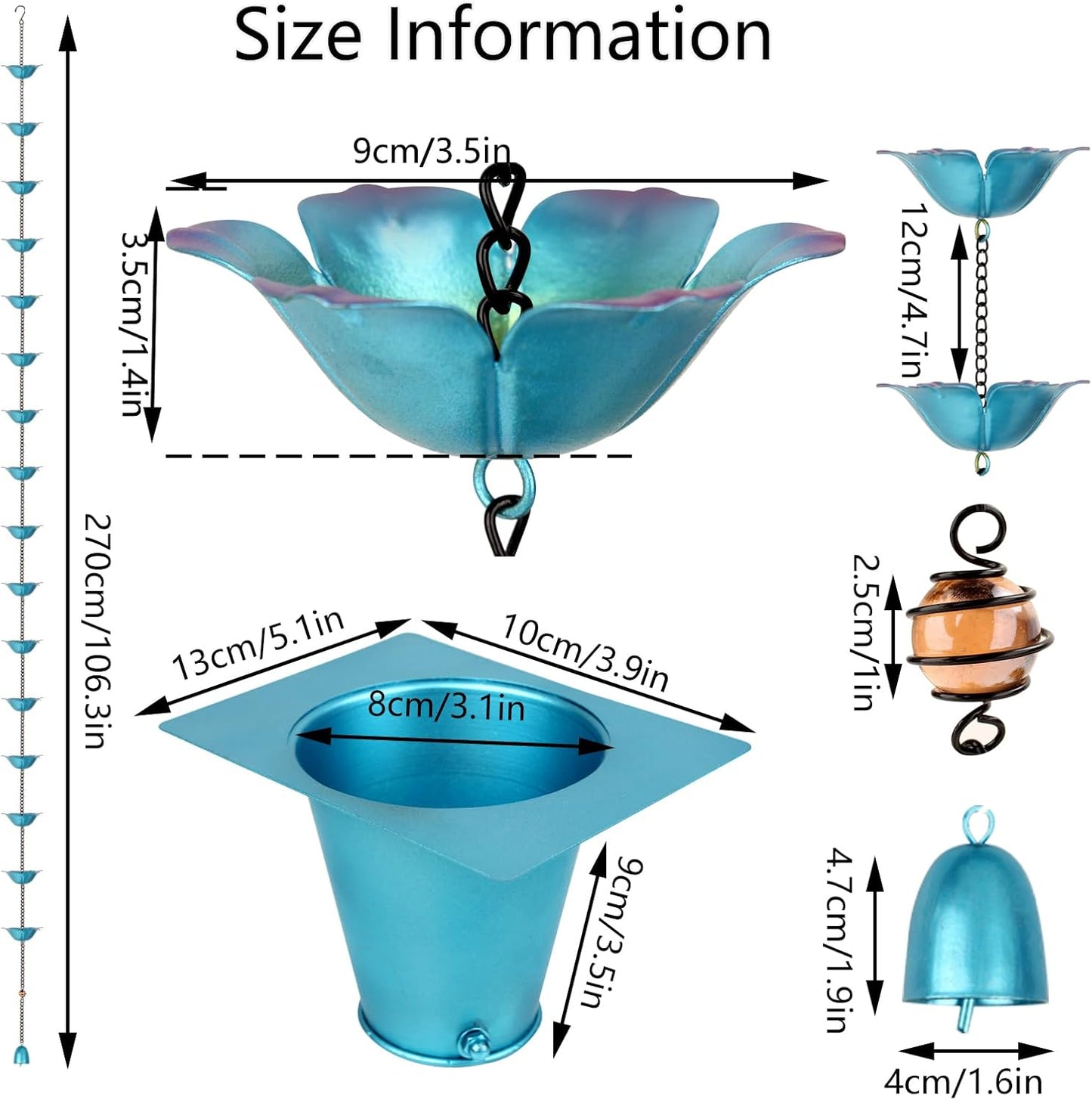 9FT Wrought Iron Rain Chain Set with 1 Adapter,Rain Chains for Outside with Rain Chain 16 Cups Flowers and Decorative Small Bell (Blue-Purple)