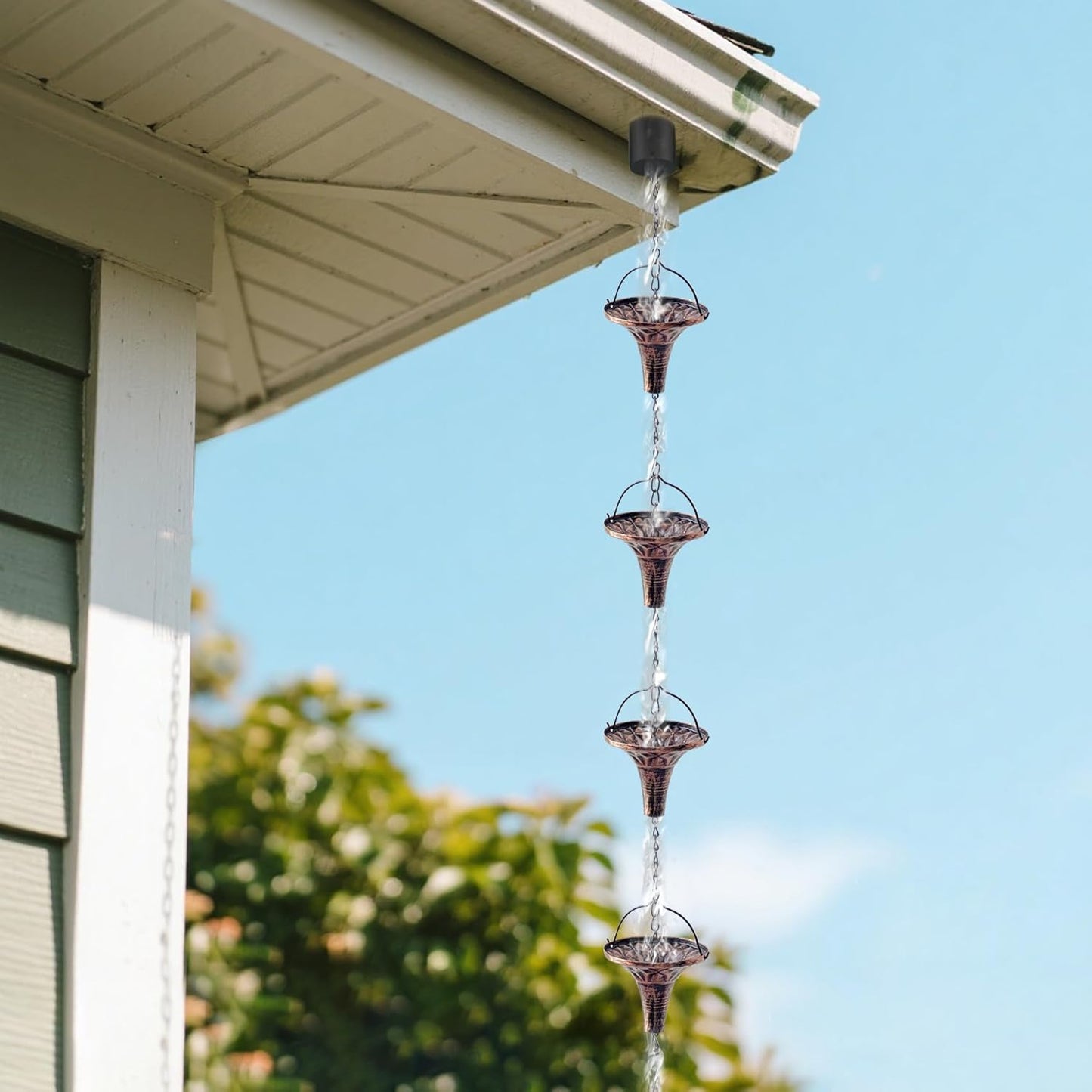 Rain Chains for Outside, 8.6FT Gutter Chain with 12 Funnel Cups Rain Catcher Chain Replacement Downspout for Gutters Eaves Drainage Decor, Copper