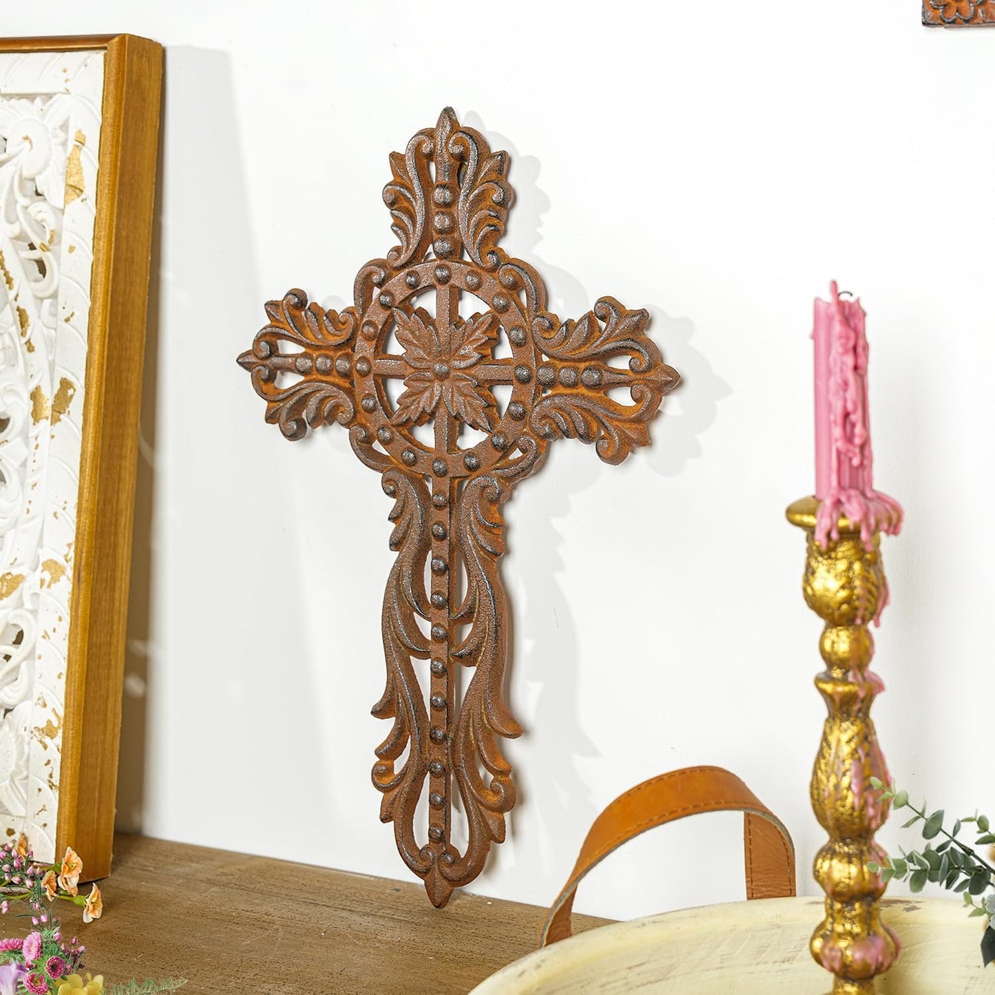 Sungmor Cast Iron Cross Wall Decor, Ornate Metal Wall Art, Vintage Decorative Outdoor Hanging Cross, Rustic Brown Religious Wall Sculpture Farmhouse Home Decor