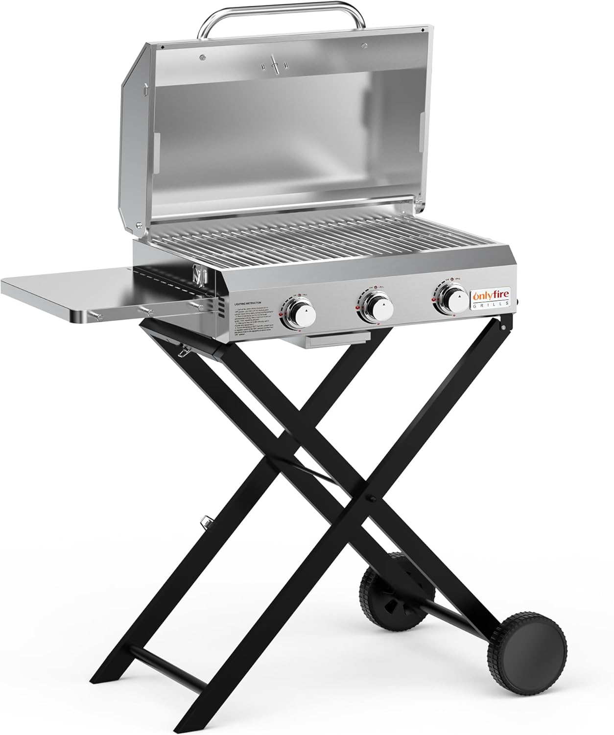 BBQ Gas Grill 3-Burner with Foldable Cart & Side Table, Portable Propane Grill with Lid for Outdoor Patio Backyard Barbecue Camping Tailgating RV Trip, Stainless Steel, GS308