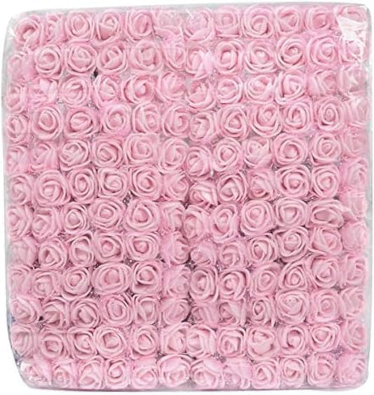 Mini Fake Rose Flower Heads 144pcs Mini Artificial Foam Roses DIY Wedding Flowers Accessories Make Bridal Hair Clips Headbands Dress (Bottom add Gauze) for Valentines Day,Wedding,Bridal (Light Pink)
