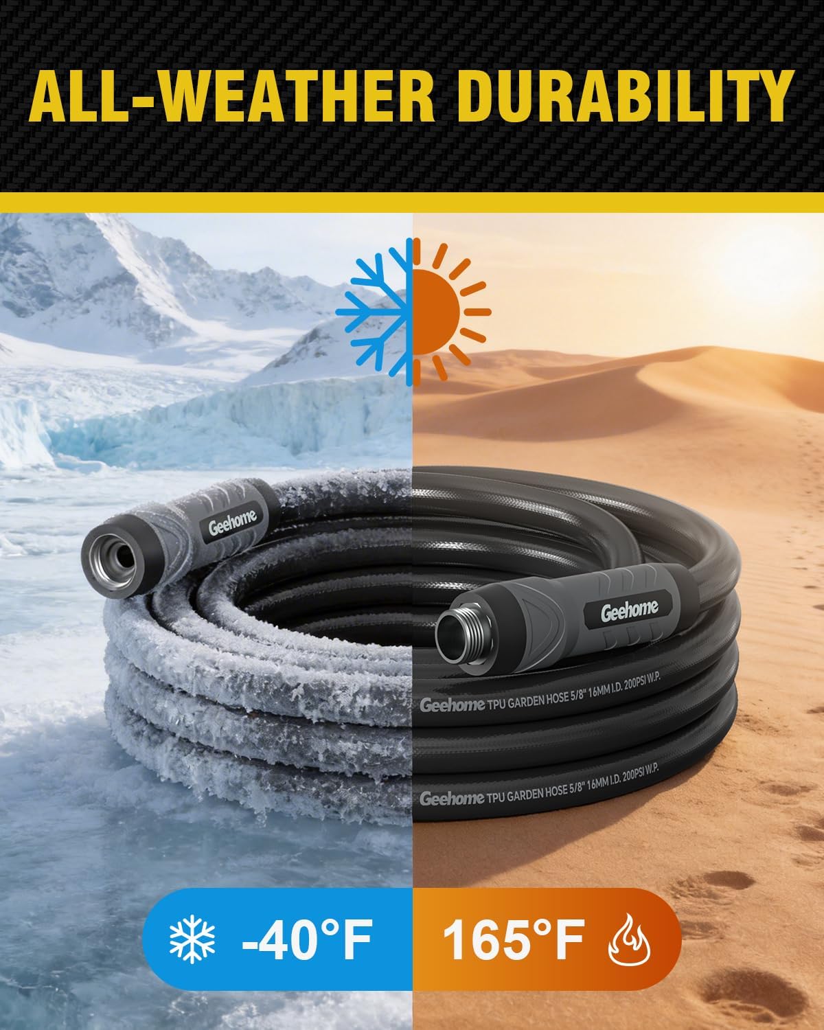 Heavy Duty Garden Hose, 50 ft x 5/8" Polyurethane Water Hose with Swivel Fittings, Flexible, Lightweight, No-Kink, Leakproof, Burst 600 PSI, Black