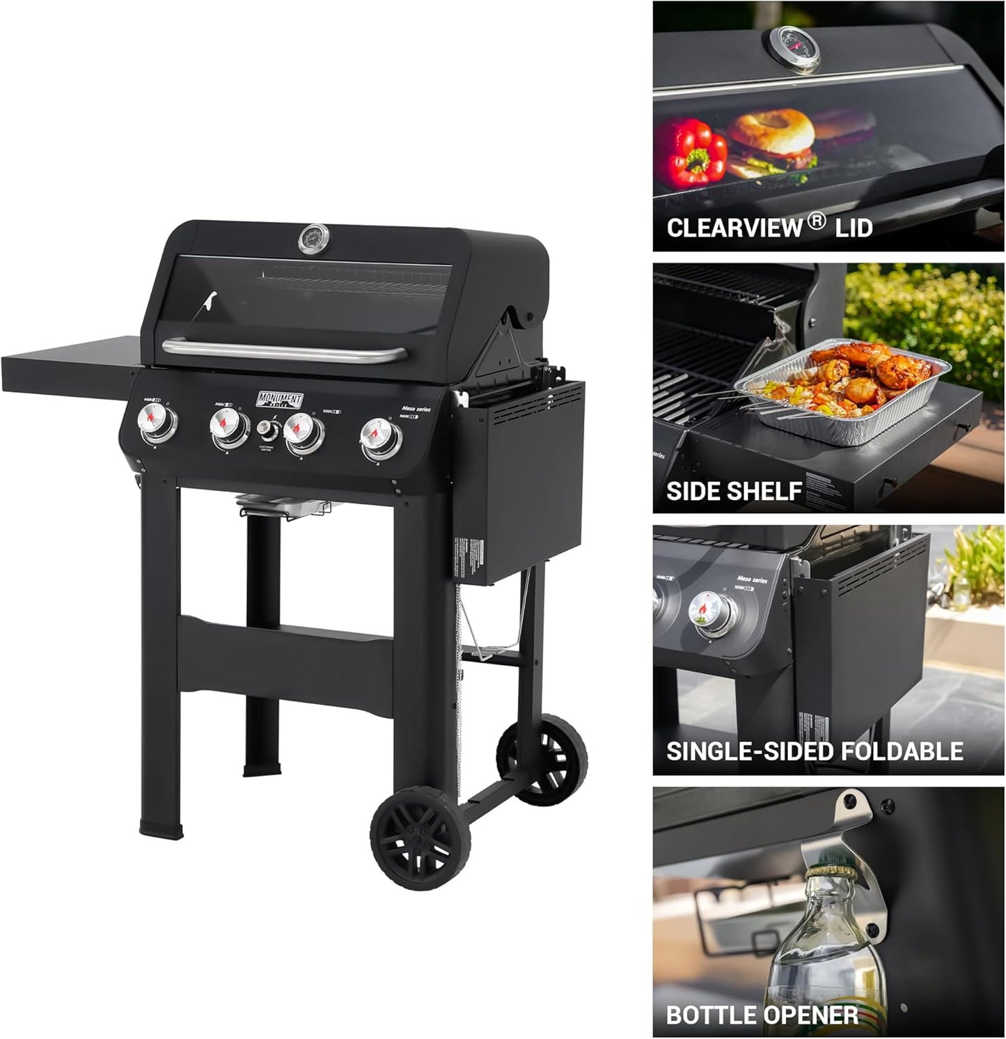 Monument Grills 4-Burner Liquid Propane Gas Grill, Matte Black Stainless Steel Burner Grill with Clearview® Lid and One Foldable Shelf for Outdoor Cooking Kitchen Patio Backyard Barbecue, Mesa420MF