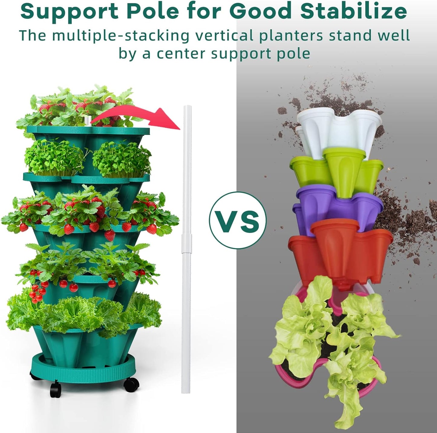 Strawberry Vertical Planters Tower Garden 2 Pack, 7 Tiered Stacking Herb Vegetable Planter with Support Pole Indoor and Outdoor - Hunter Green