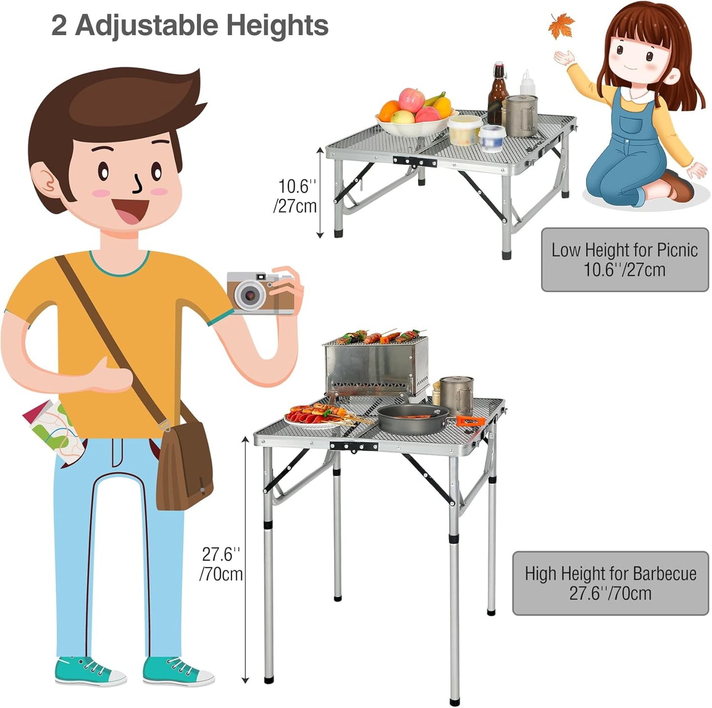 REDCAMP 24" Square Folding Grill Table for Outside, Lightweight Portable Metal Aluminum Outdoor Grill Table with Adjustable Height Legs, Great for Camping Picnic Cooking BBQ, Silver 2ft