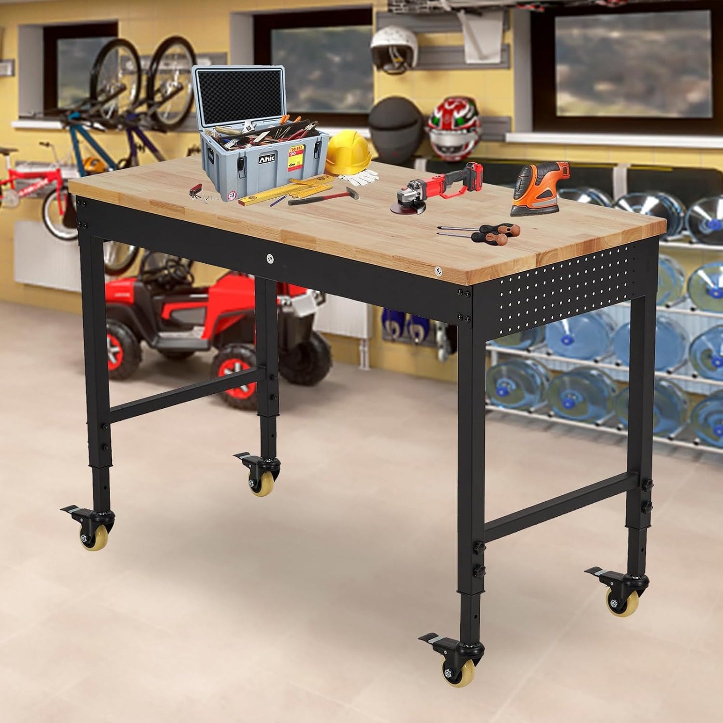 72" x 25" Heavy-Duty Adjustable Workbench with Power Outlets - 2000LB Capacity Garage Workbench, Rubberwood Top, Locking Wheels, Mobile Workstation for Workshop, Office & Home