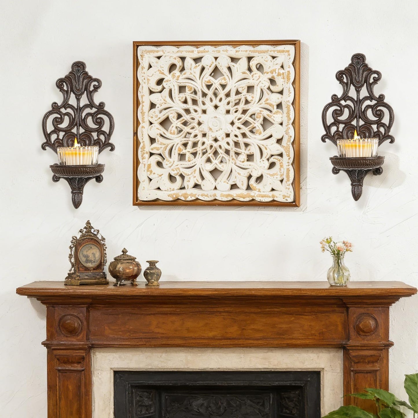 Sungmor Cast Iron Wall Candle Sconce,Ornate Scrollwork Design Tealight Stand,Rustic Wall-Mounted Decorative Sconce for Home,Bedroom,Farmhouse Decor