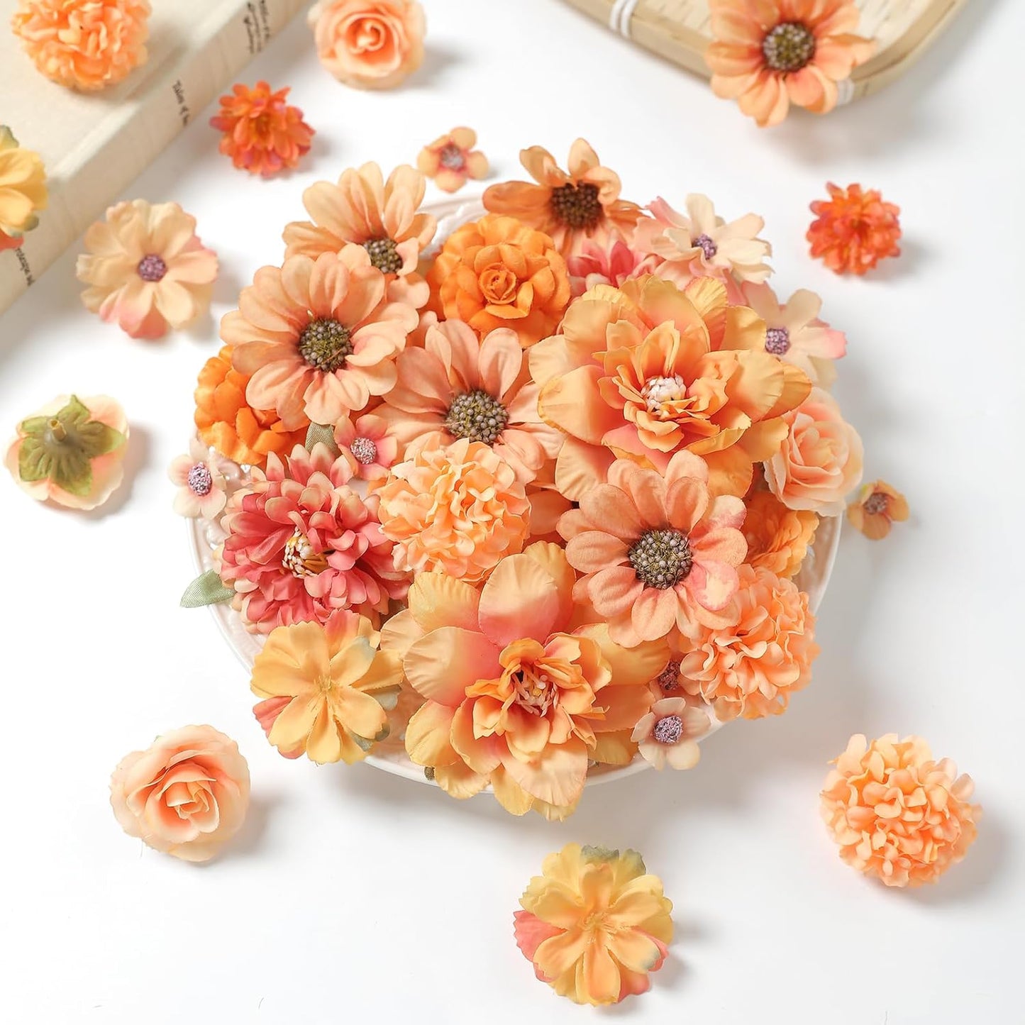 Small Artificial Flower Heads 2-4 cm, Fall Silk Faux Orange Peony Daisy Rose, for DIY Crafts, Wedding Garland, Graduation Cap, Cake Topper & Home Decoration
