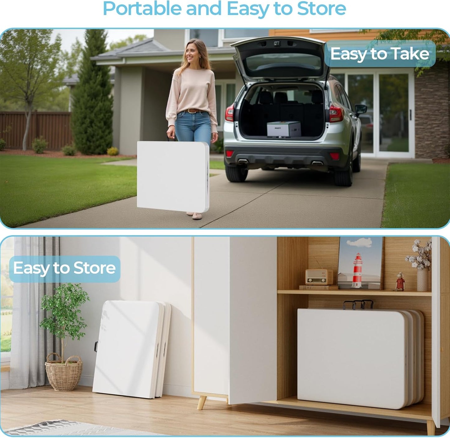 6ft Folding Table, Outdoor Foldable Table with HDPE Tabletop, Safety Locks, Easy to Carry and Store, No-Assembly Camping Table for Dining, Picnic, White