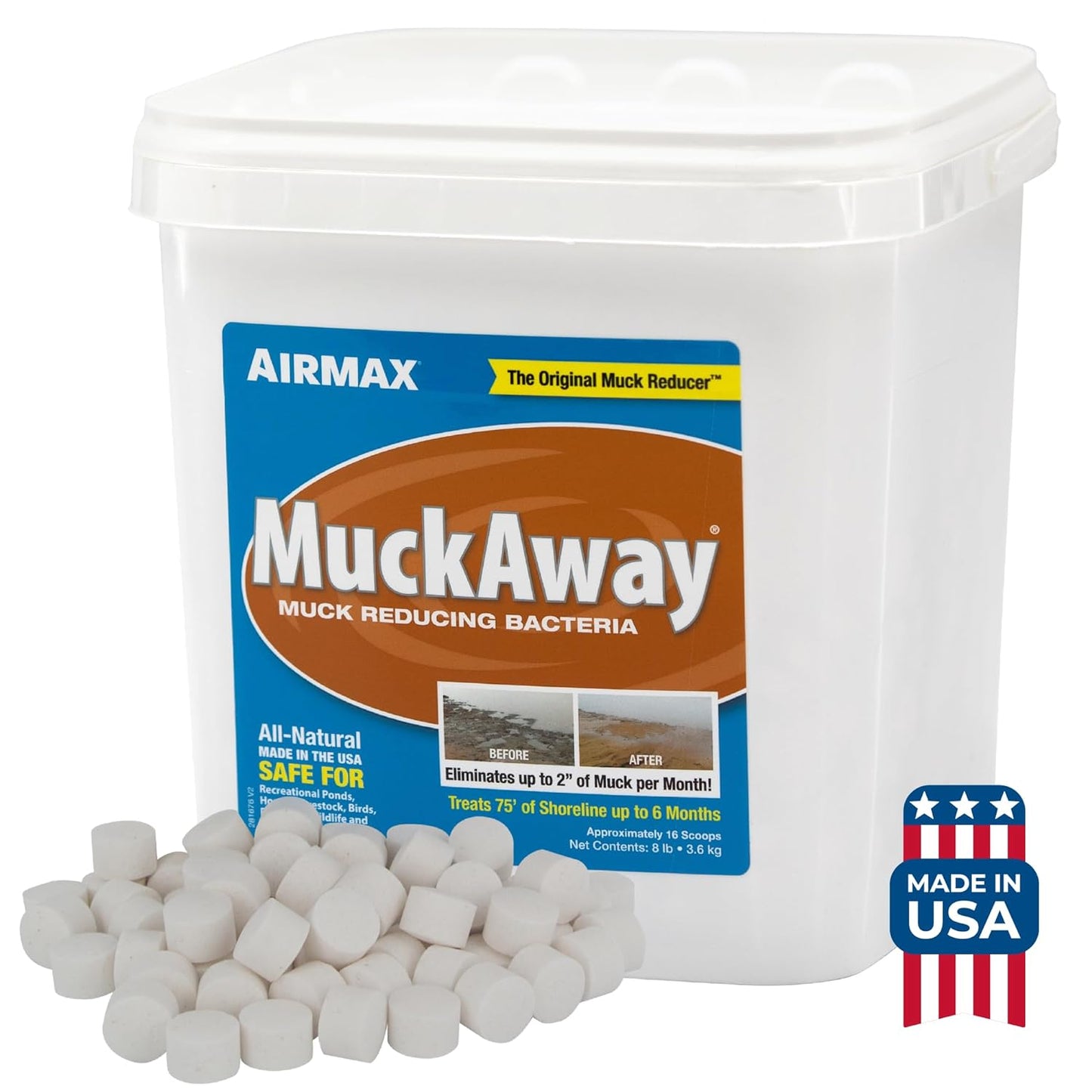 Airmax MuckAway, Natural Pond Muck Remover, Cleans & Clears Away Muck & Sludge, Easy to Use Bacteria & Enzyme Tablets, Safe for The Environment, Treats 1,500 Sq Ft, 6 Month Supply, 16 Scoops, 8 lbs