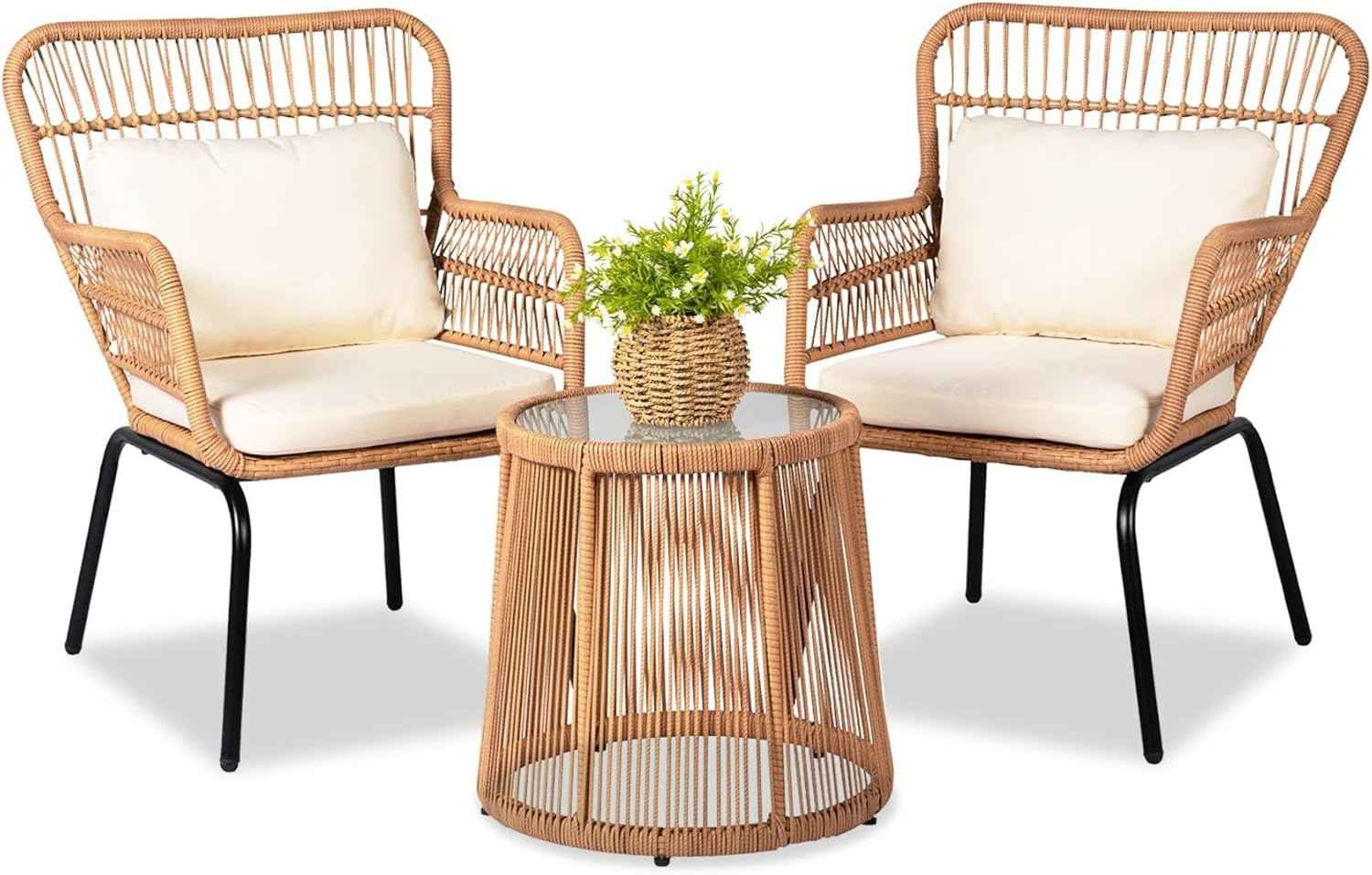 3 Piece Outdoor Wicker Furniture Bistro Set, Rattan Chairs Conversation Sets Wicker Patio Furniture for Balcony Poolside Backyard, Yellow/Beige