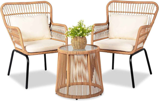 3 Piece Outdoor Wicker Furniture Bistro Set, Rattan Chairs Conversation Sets Wicker Patio Furniture for Balcony Poolside Backyard, Yellow/Beige