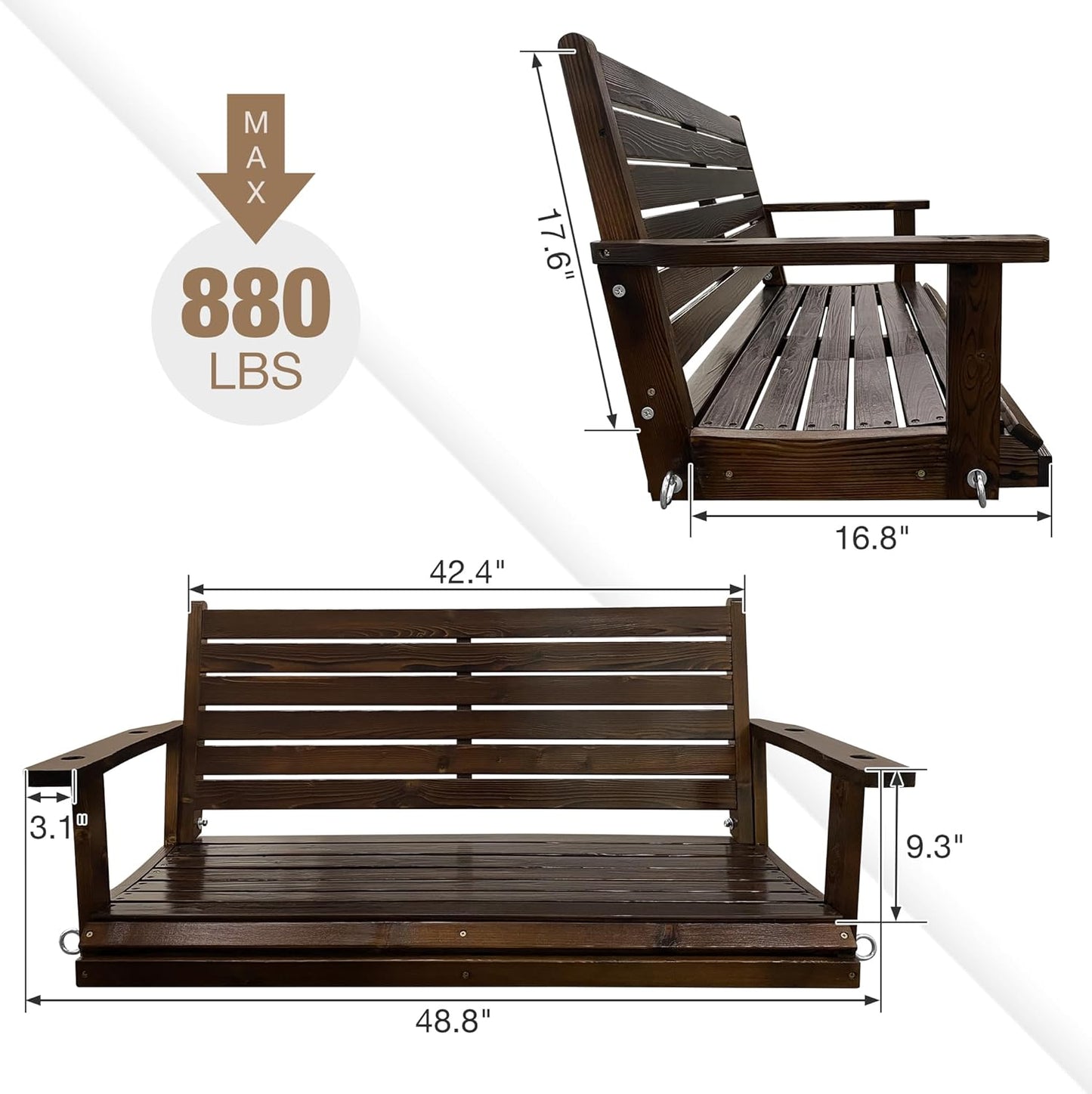 Wooden Porch Swing, Ergonomic Seat, Bench Swing with Hanging Chains and 7mm Springs, Heavy Duty 880 LBS, for Outdoor Patio Garden Yard (Dark Brown, 2-Seater)