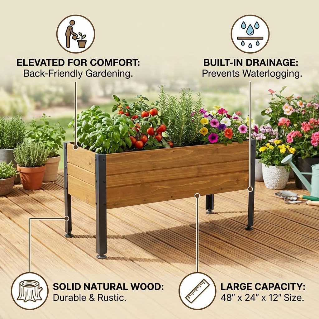 Wood Rectangular Garden Planter Box Raised Bed Outdoor, Elevated Planter for Herbs Vegetables Flowers, Sturdy Wooden Raised Garden