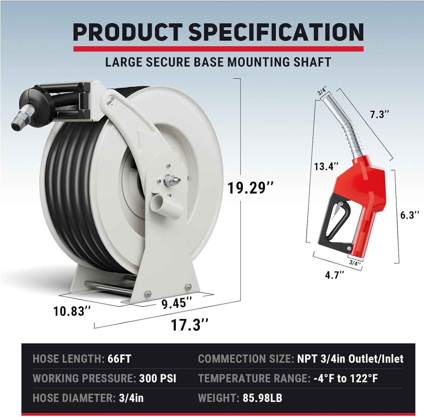 Retractable Fuel Hose Reel with Fueling Nozzle, 3/4" x 66' Diesel Hose 300 PSI Industrial Heavy Duty Auto Swivel Rewind Holder Reel for Aircraft Ship Vehicle Truck Fuel Transfer Tank