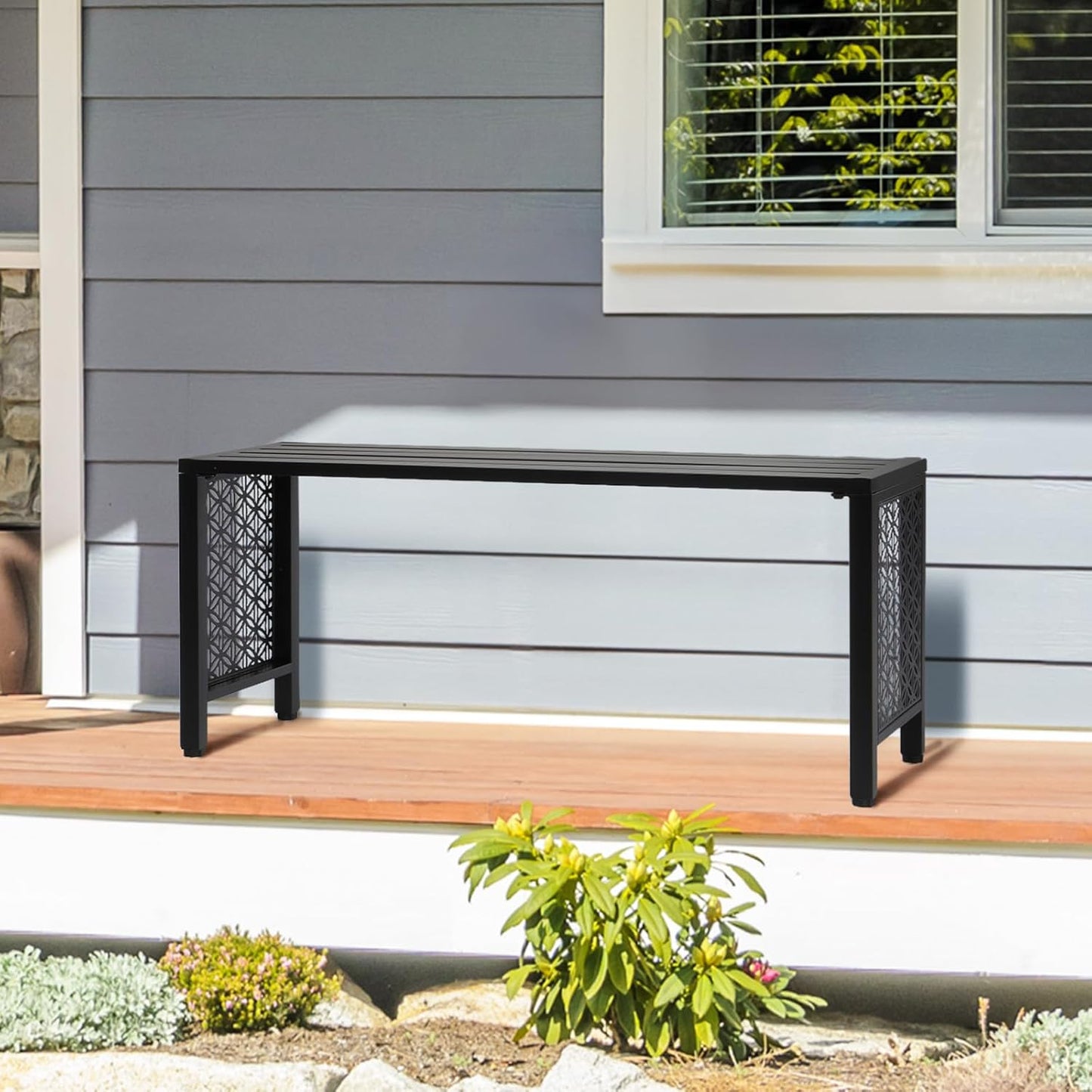 VINGLI 40in Outdoor Metal Bench, All-Weathe Backless Patio Bench with Slatted Seat＆Floral Side Panels, Rust-Resistant Garden Bench, Weatherproof Outdoor Seating for Porch Entryway Backyard (Black)