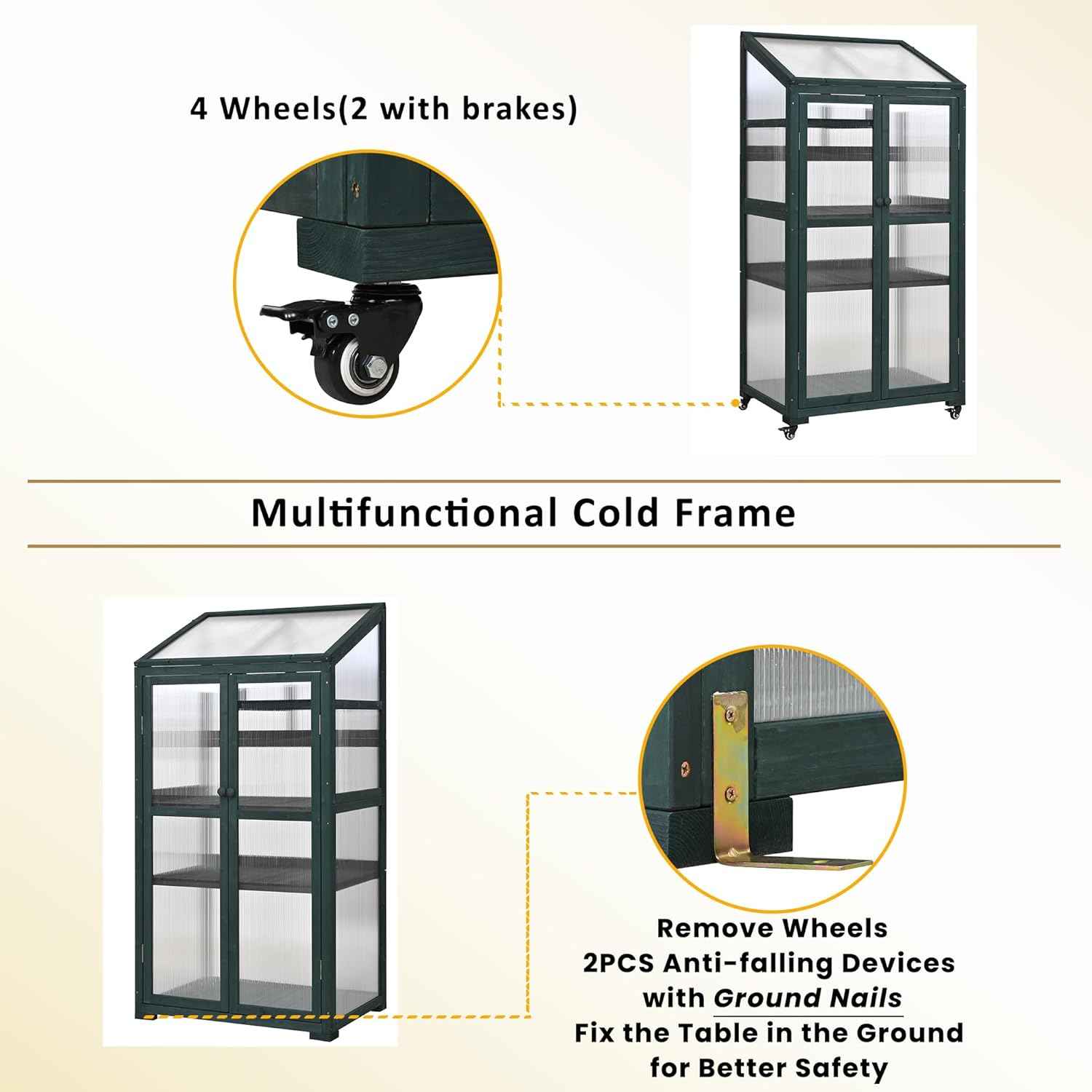 62‘’Wooden Greenhouse, Cold Frame Portable Greenhouse with Wheels and Adjustable Shelves for Indoor Outdoor Patio Balcony Garden, 31.5" Lx22.4 Wx62 H, Green