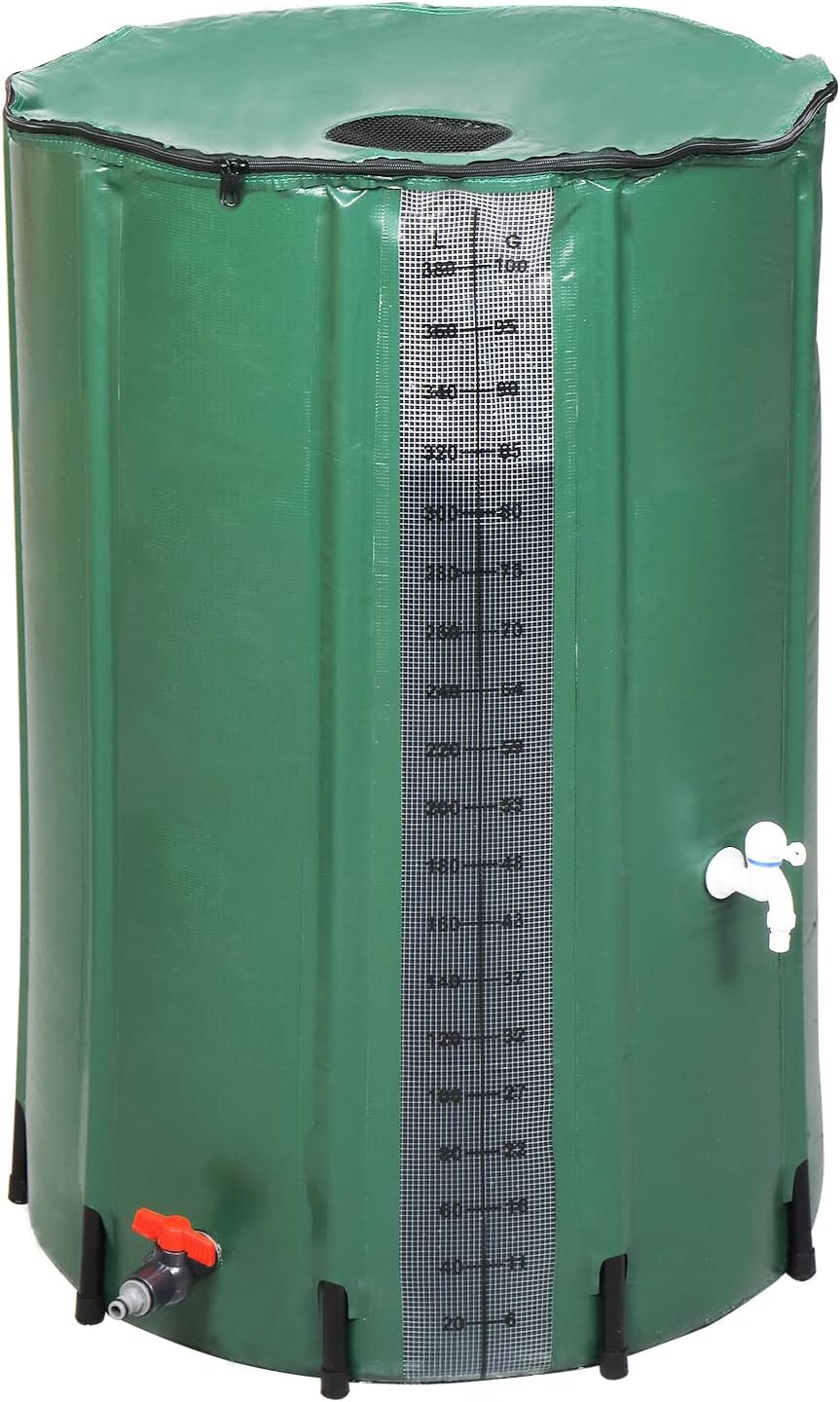100 Gallon Collapsible Rain Barrel, Portable Rainwater Collection System, Rain Catcher Barrel with Volume Scale Mark, Two Spigots and Overflow Kit, Rain Water Barrel Collector for Garden, Green