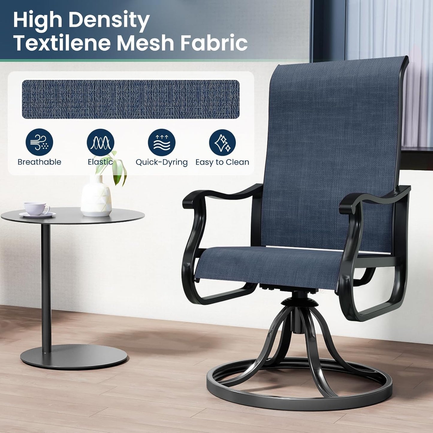 Amopatio Patio Swivel Chairs Set of 2, Outdoor Swivel Rocker Dining Chairs with All Weather Textilene High Back & Metal Frame, for Backyard Deck Lawn Garden, Navy Blue