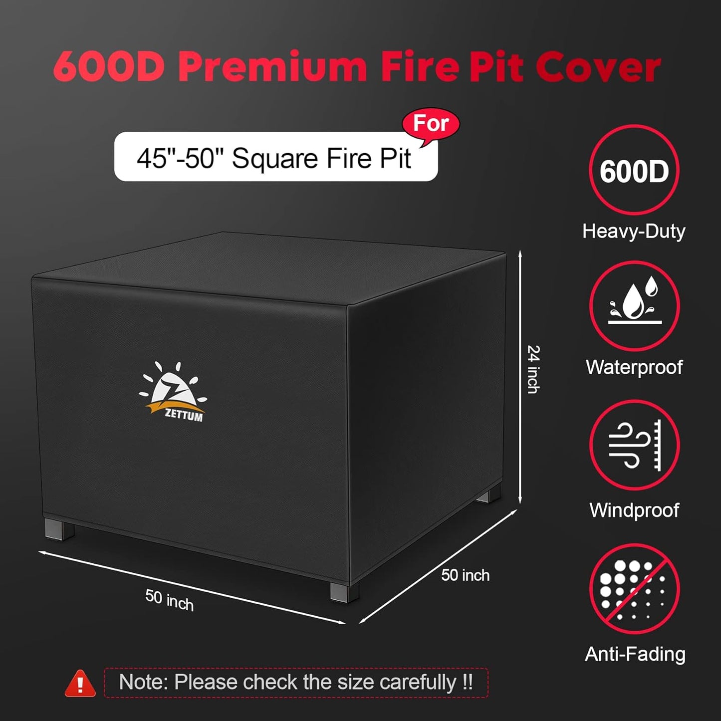 Fire Pit Cover Square 50 Inch - Outdoor Firepit Cover Heavy Duty & Waterproof, 600D Patio Fire Table Cover Large Gas Fire Pit Accessories Fade & Weather Resistant - 50 x 50 x 24 Inch
