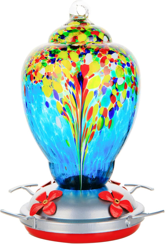 WOSIBO Hummingbird Feeder for Outdoors Patio Large 32 Ounces Colorful Hand Blown Glass Hummingbird Feeder with Ant Moat Hanging Hook, Rope, Brush and Service Card (Blue-White)