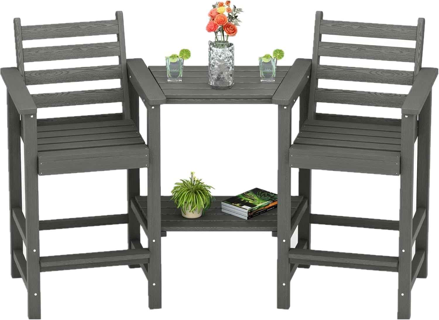 GLANC Tall Adirondack Chairs Set of 2, All Weather Resistant HDPE Bar Height Balcony Adirondack Chair with Removable Connecting Trays, Outdoor Adirondack Barstools for Deck Patio Pool Lawn (Grey)